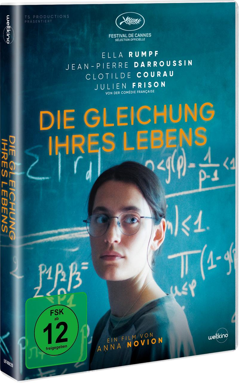 DVD-Cover mit Frau mit Brille, Titel 'Die Gleichung Ihres Lebens', mathematischen Formeln und einer Altersfreigabe 12.