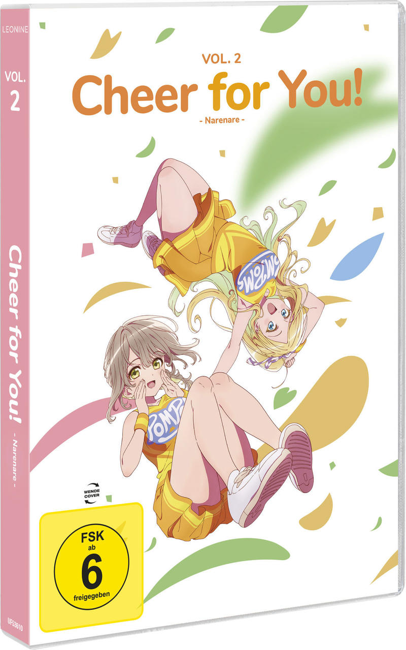 Anime-Cover. Zwei Mädchen in gelben Outfits, Text 'Cheer for You!' und 'Vol. 2'. Unten ein gelber FSK 6-Aufkleber.