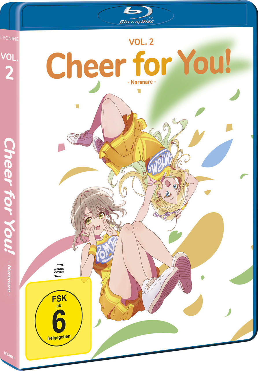 Blu-ray-Cover. Zwei Anime-Mädchen jubeln. Titel: Cheer for You!. Gelbe Outfits, farbiges Konfetti und Bewertungssymbol.
