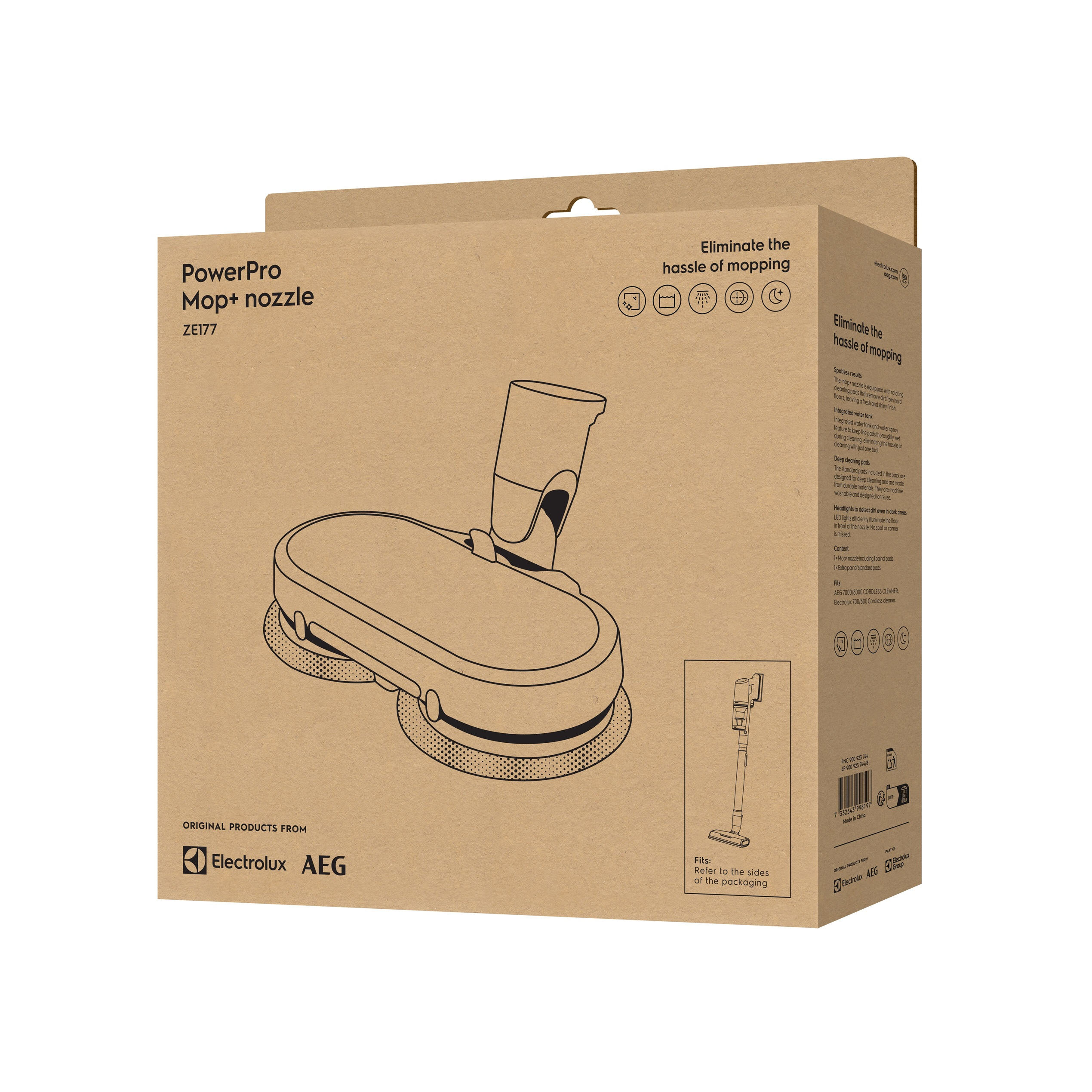 PowerPro Mop+ başlığına sahip karton kutu. Paspas başlığının çizimini ve metni içerir. Electrolux ve AEG logoları görünür.