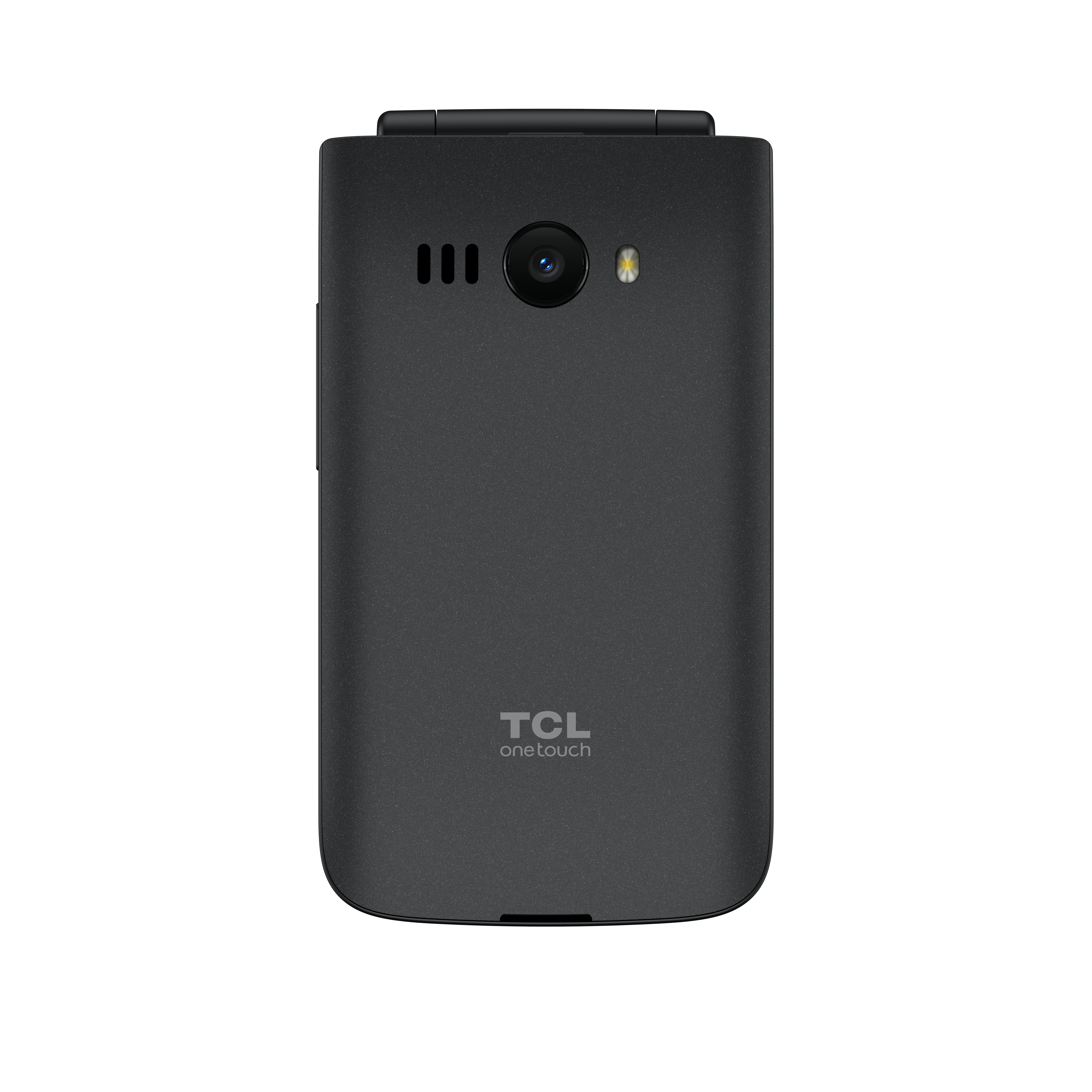 Egy fekete kagylótelefon látható fehér háttér előtt. Van rajta kamera, hangszóró és a TCL logója.