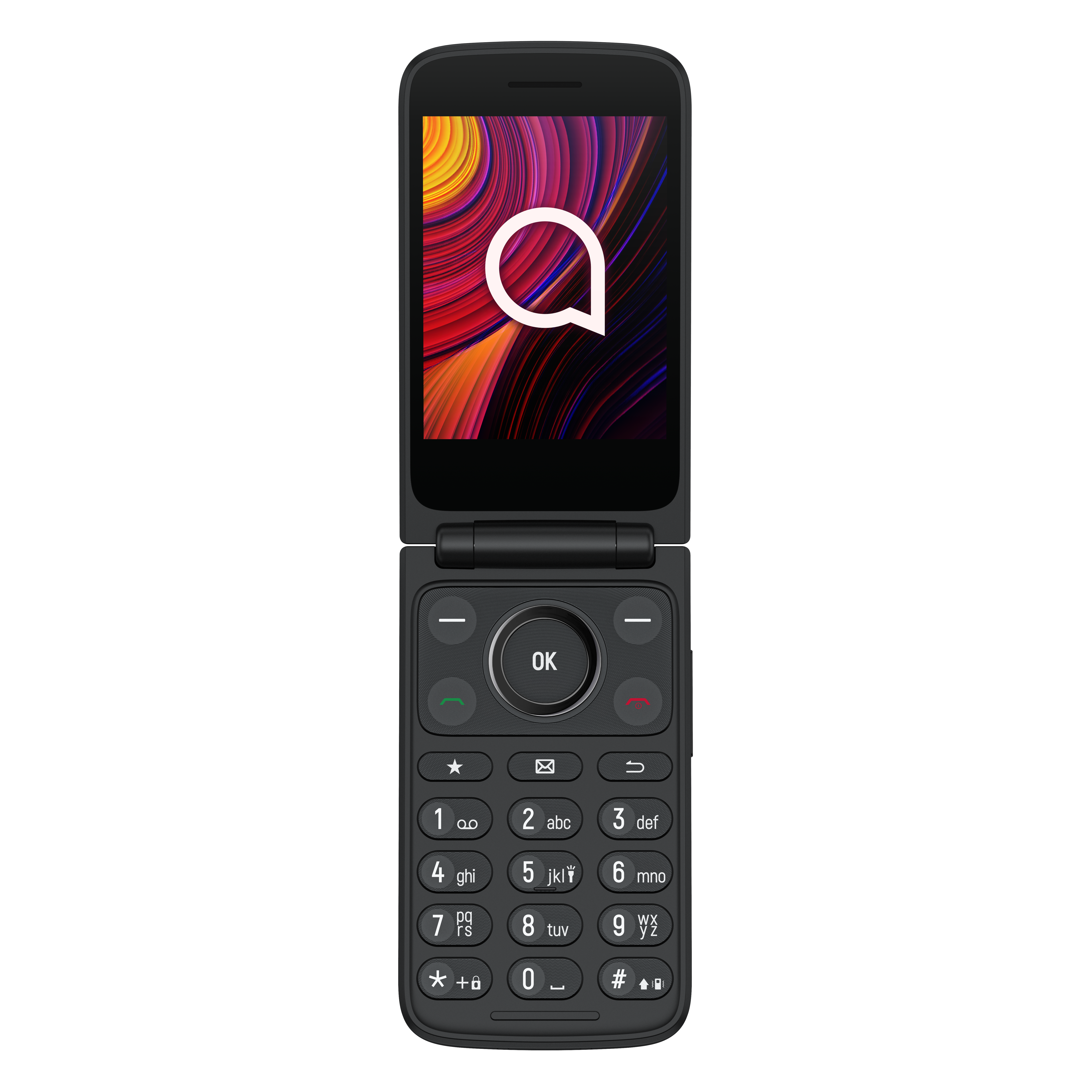 Fekete kagylótelefon nyitva, Alcatel logóval a képernyőn. A billentyűzeten számok és gombok vannak. Az OK gomb kiemelkedő.