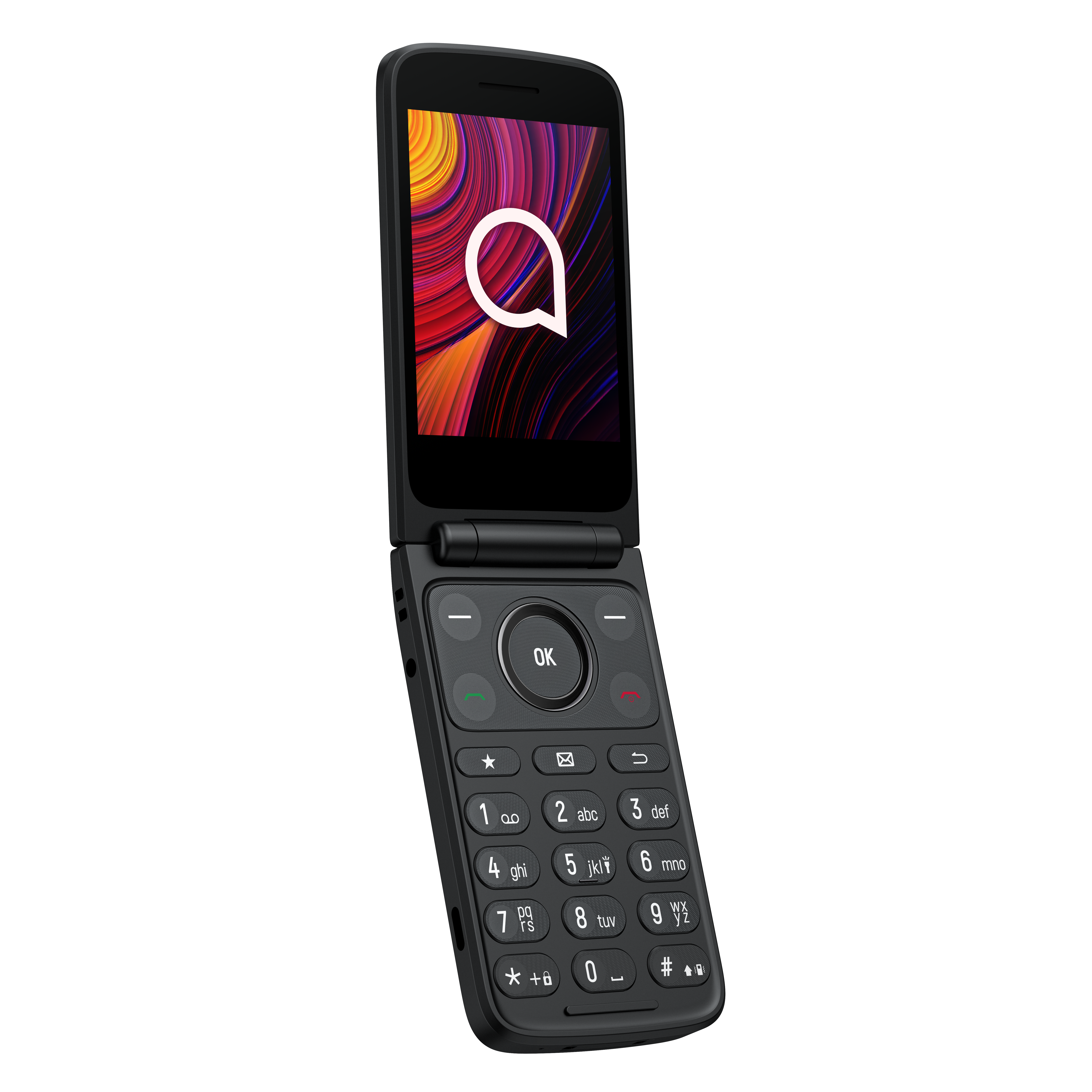 Egy fekete kagylótelefon nyitva van. A képernyő színes örvényeket és egy fehér Alcatel logót jelenít meg. A telefonnak van egy billentyűzete.