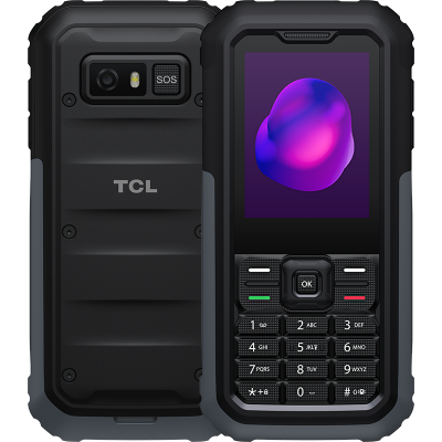 Robusztus fekete TCL telefon, képernyőn lila folttal, fizikai billentyűzettel. Hátul kamera és SOS gomb.