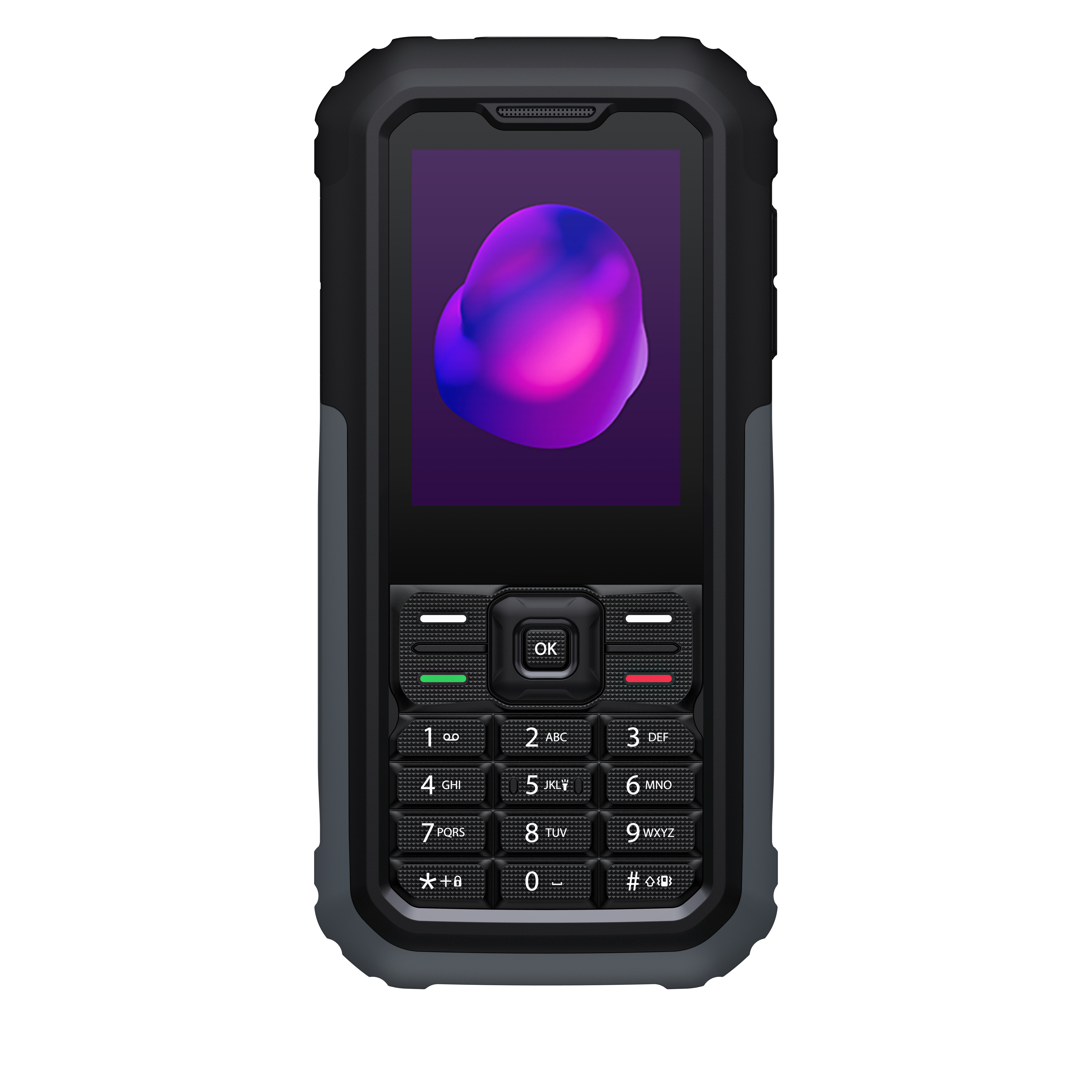 Egy robusztus mobiltelefon sötét tokkal. A képernyő lila és kék foltot jelenít meg. Van egy billentyűzet számmal és betűvel.