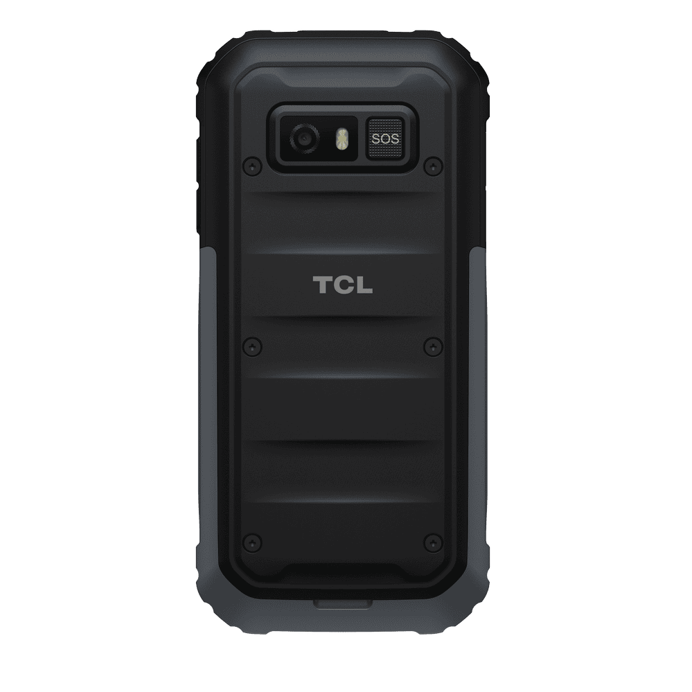 Egy fekete TCL strapabíró telefon hátlapja. Kamera, SOS gomb és bordázott kialakítás. Szürke keret. Zöld háttér.