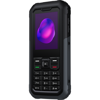 Fekete, robusztus mobiltelefon. Egy lila pacát mutató képernyővel rendelkezik. Van egy billentyűzete számokkal és egy "OK" gombbal.