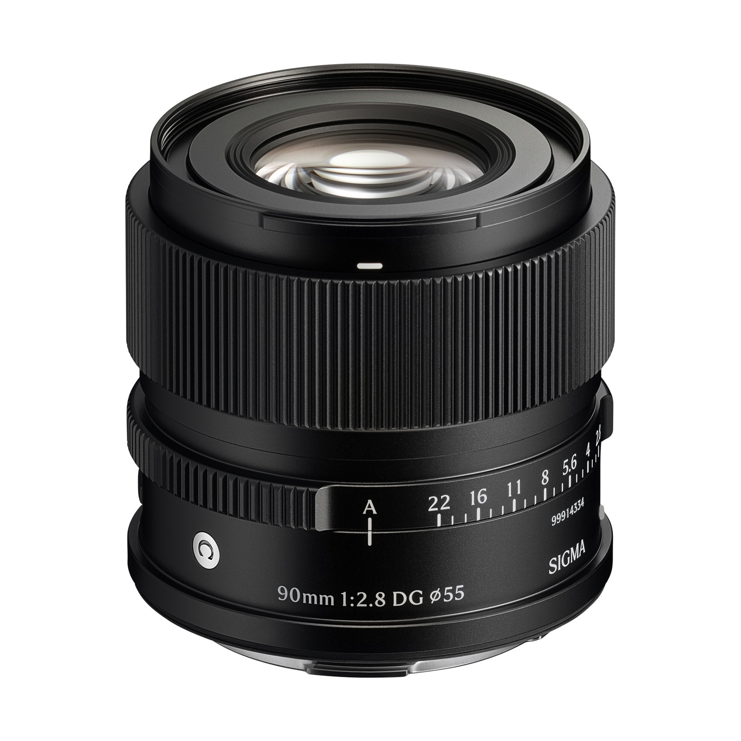 Un obiettivo Sigma 90mm nero. Ha un anello di apertura, un anello di messa a fuoco ed elementi dell'obiettivo. L'obiettivo è su sfondo bianco.