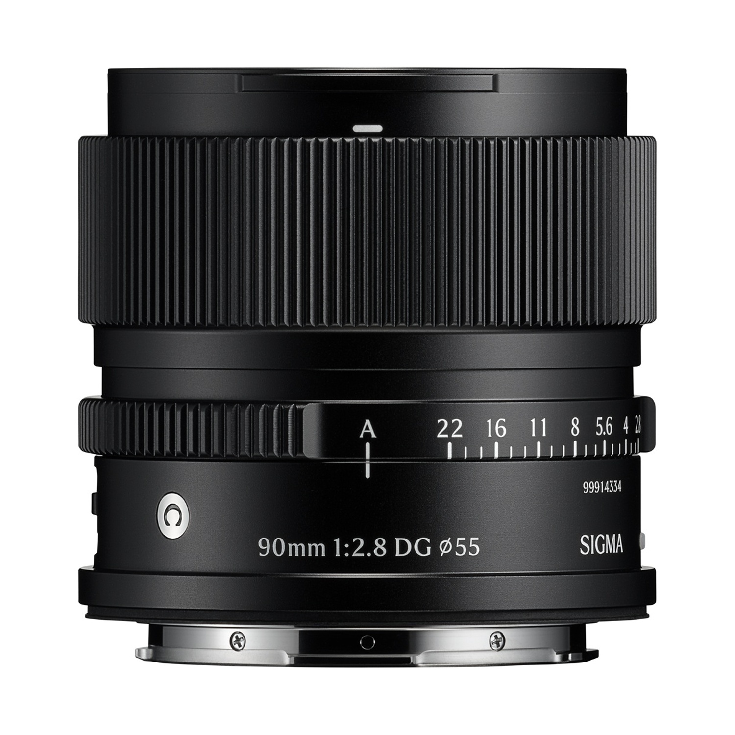Un obiettivo Sigma 90mm f/2.8 DG nero. Ha indicatori di apertura e il logo Sigma. L'obiettivo è su sfondo bianco.