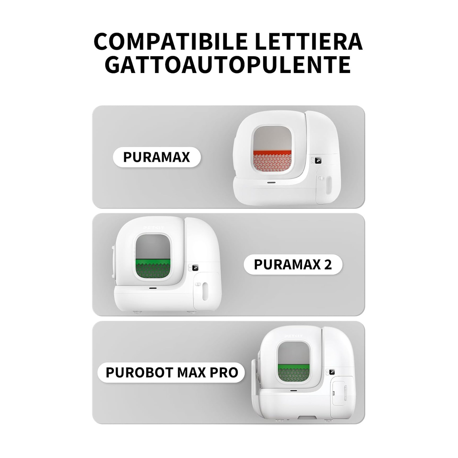 L'immagine mostra tre lettiere automatiche bianche per gatti con etichette Puramax, Puramax 2 e Purobot Max Pro. Ogni scatola ha una finestra.