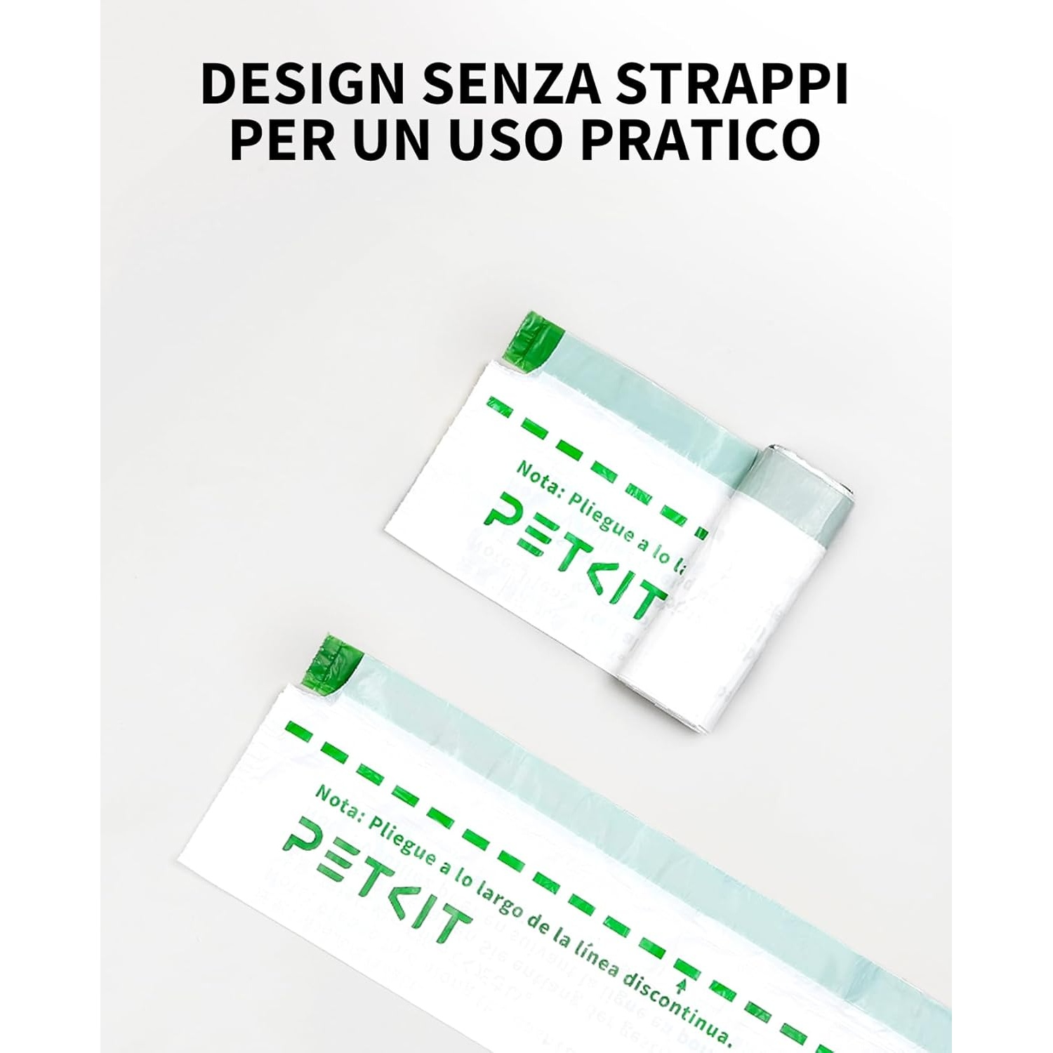 Due confezioni PETKIT bianche con accenti verdi su una superficie bianca. Testo italiano: "DESIGN SENZA STRAPPI PER UN USO PRATICO."