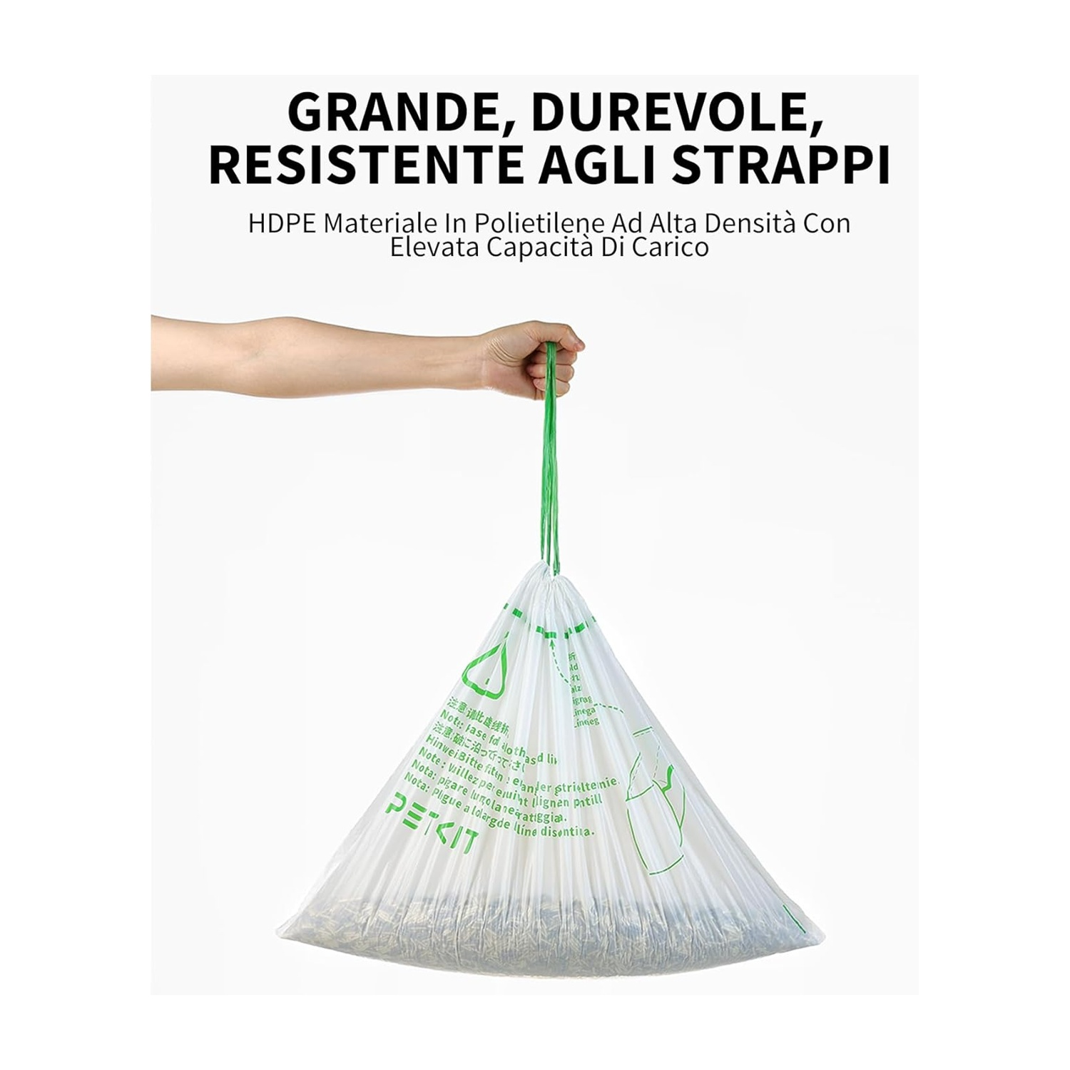Una mano tiene un cordoncino verde che chiude un sacco bianco. Testo sul sacco: 'Grande, Durevole, Resistente agli Strappi'.