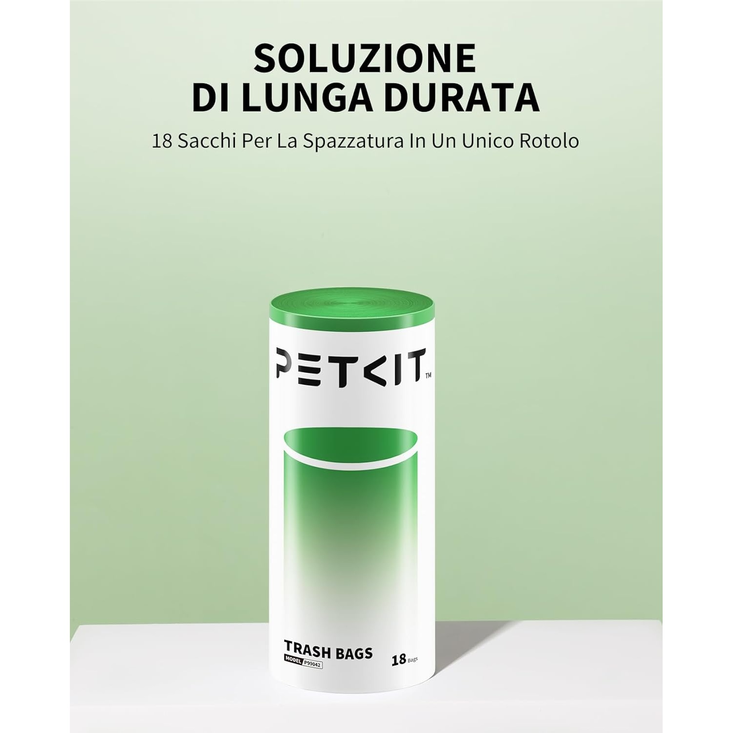 Un rotolo di sacchi per la spazzatura PETKIT bianco e verde. Il testo recita 'SOLUZIONE DI LUNGA DURATA' e 'TRASH BAGS'. 18 sacchi per rotolo.