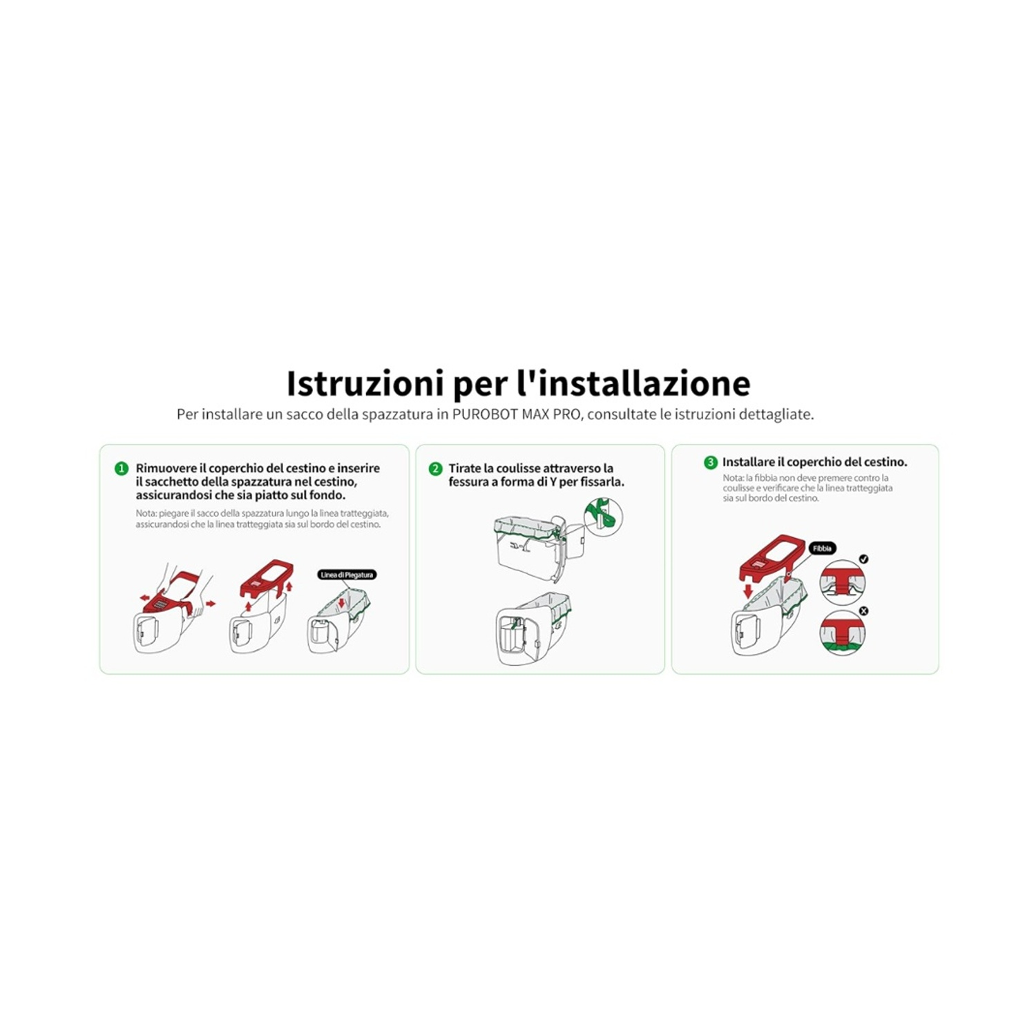 Diagramma di istruzioni per installare un sacco della spazzatura in un Purobot Max Pro. Passaggi illustrati in italiano.