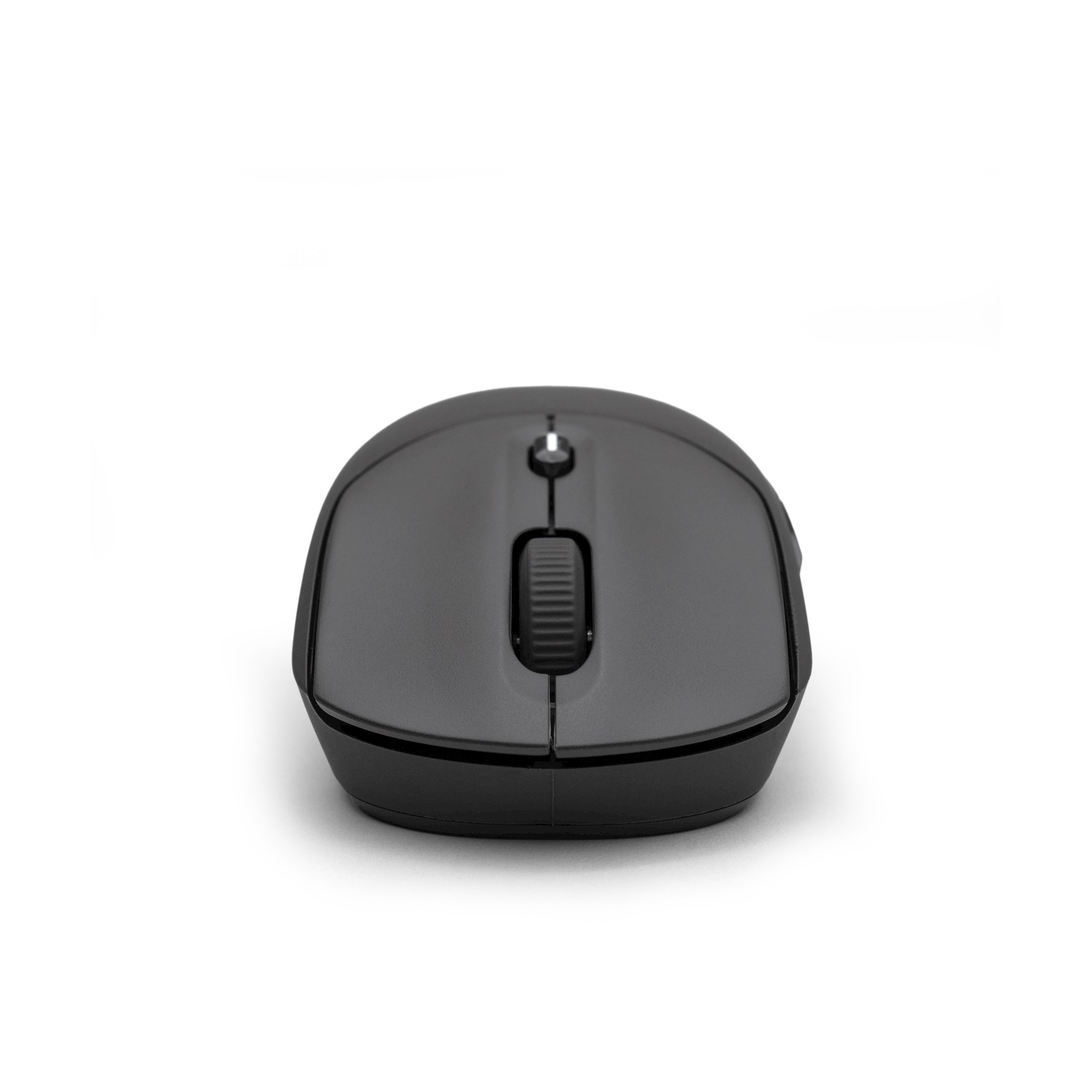 Un mouse nero per computer è centrato su sfondo bianco. Il mouse ha una rotella di scorrimento e due pulsanti.