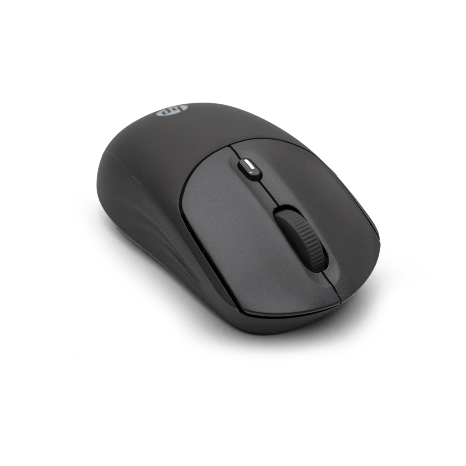 Un mouse per computer wireless HP nero su sfondo bianco. Ha una rotella di scorrimento e due pulsanti. Il logo HP è in alto.