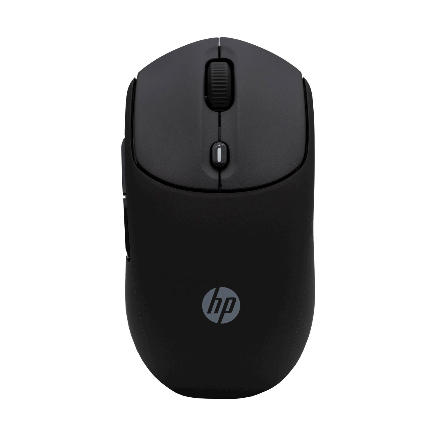 Un mouse per computer HP nero. Ha una rotella di scorrimento e il logo HP nella parte inferiore. Lo sfondo è bianco.