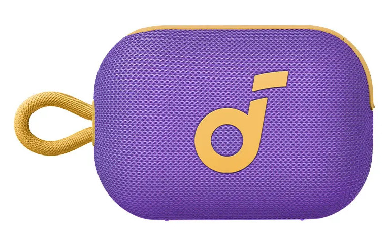 Fioletowy głośnik w kształcie owalu z żółtym uchwytem i logo. Logo to żółty kształt 'd'. Głośnik ma powierzchnię z siatki.