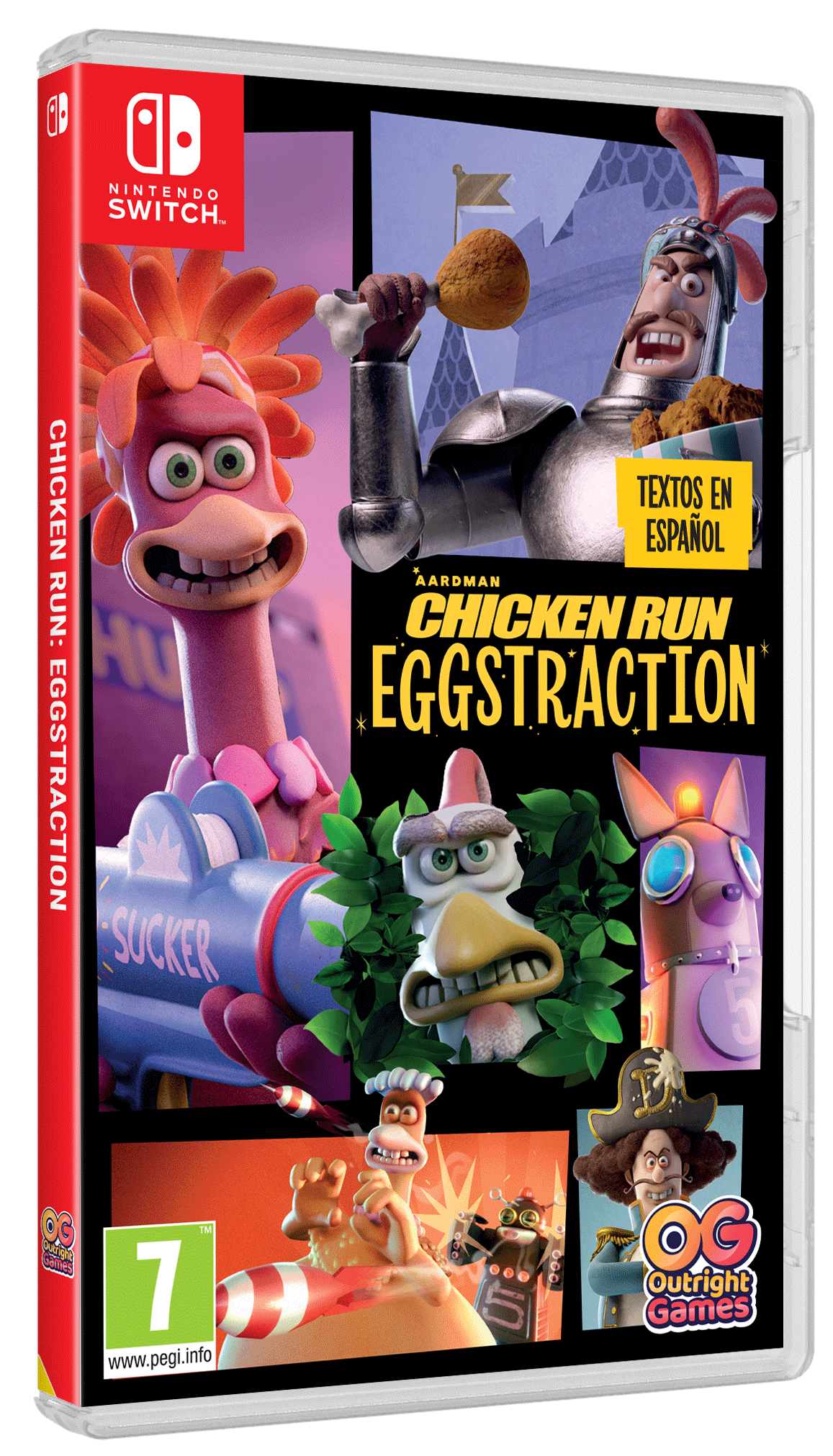 Portada del juego Chicken Run: Eggstraction. Personajes incluyen pollos y un caballero. Texto en español. Logotipo de Nintendo Switch visible.