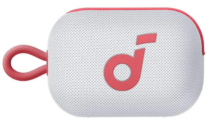Biały głośnik pokryty siatką z czerwonym akcentem i logo. Ma czerwoną pętlę i wykończenie.