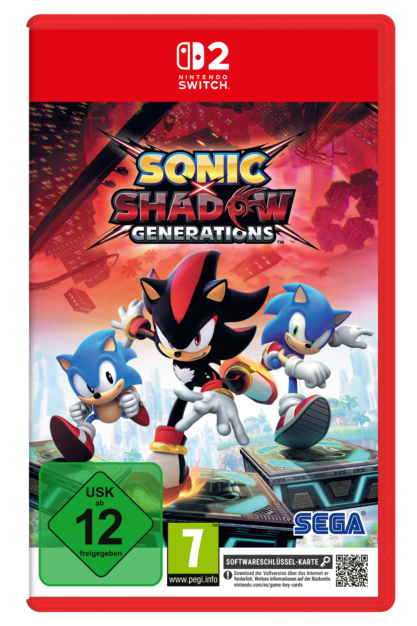 Spielcover von Sonic Generations. Sonic, Shadow und ein weiterer Sonic auf futuristischen Plattformen. Rote, blaue, schwarze und weiße Farben.