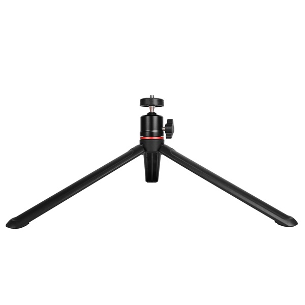 Beyaz zemin üzerinde siyah bir tripod. Üç bacağı ve bir başlığı var. Başlıkta kırmızı bir halka var.