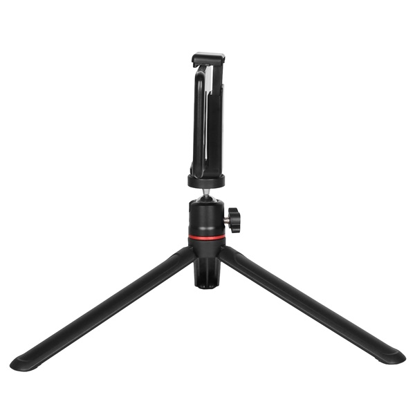 Üç bacaklı, küresel kafalı ve telefon tutuculu siyah bir tripod. Arka plan beyazdır.