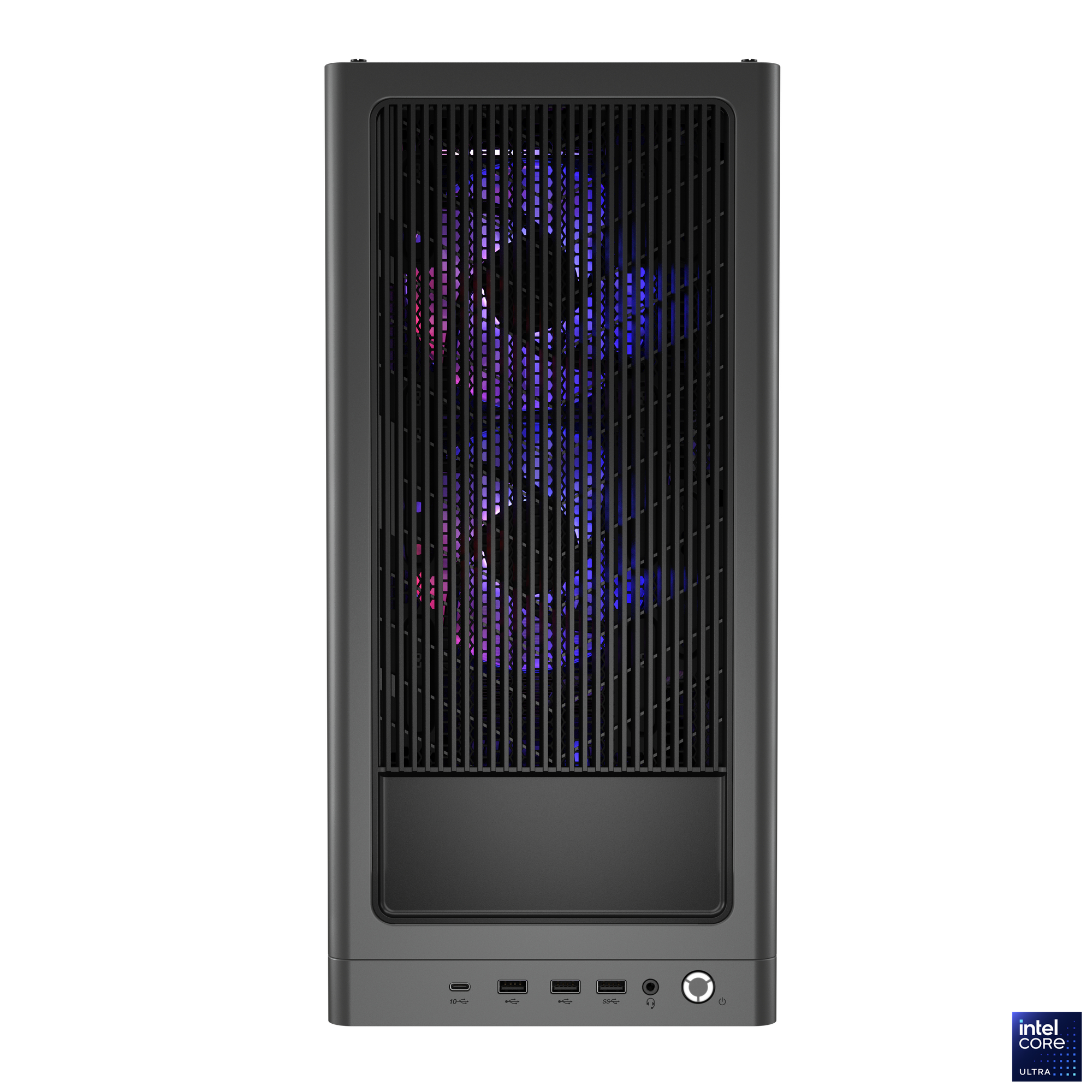 Schwarzes Computergehäuse mit Gitter und farbigen Innenlichtern. Unten befinden sich Anschlüsse. Intel Core Ultra Logo.