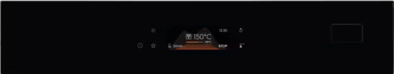 Czarny panel sterowania piekarnikiem wyświetla ustawienia. Pokazuje temperaturę 150°C, timer i ikony sterowania.