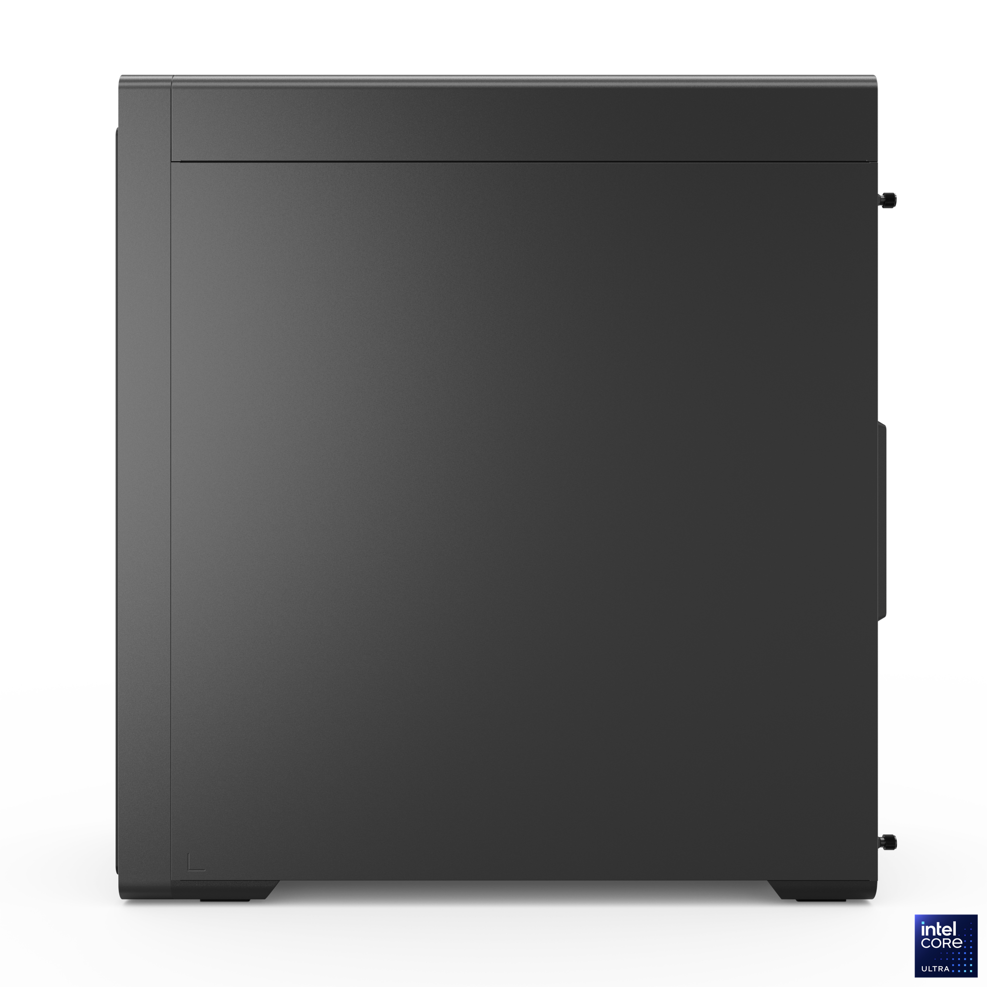 Ein dunkelgraues Computergehäuse mit sauberem, modernem Design. Es hat eine rechteckige Form mit kleinem Griff und Logo unten rechts.