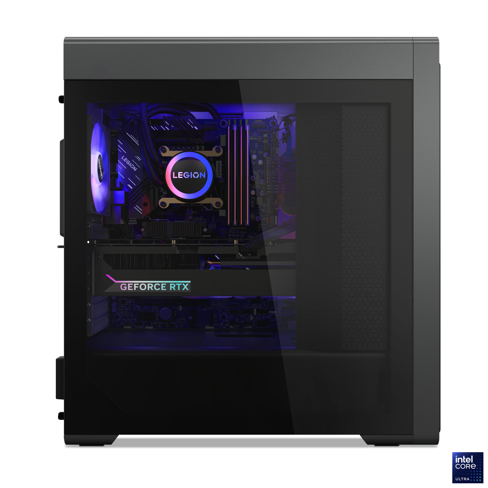 Schwarzes Computergehäuse mit Glasfenster, das Komponenten wie GeForce RTX-Grafikkarte und Legion-Kühler zeigt.