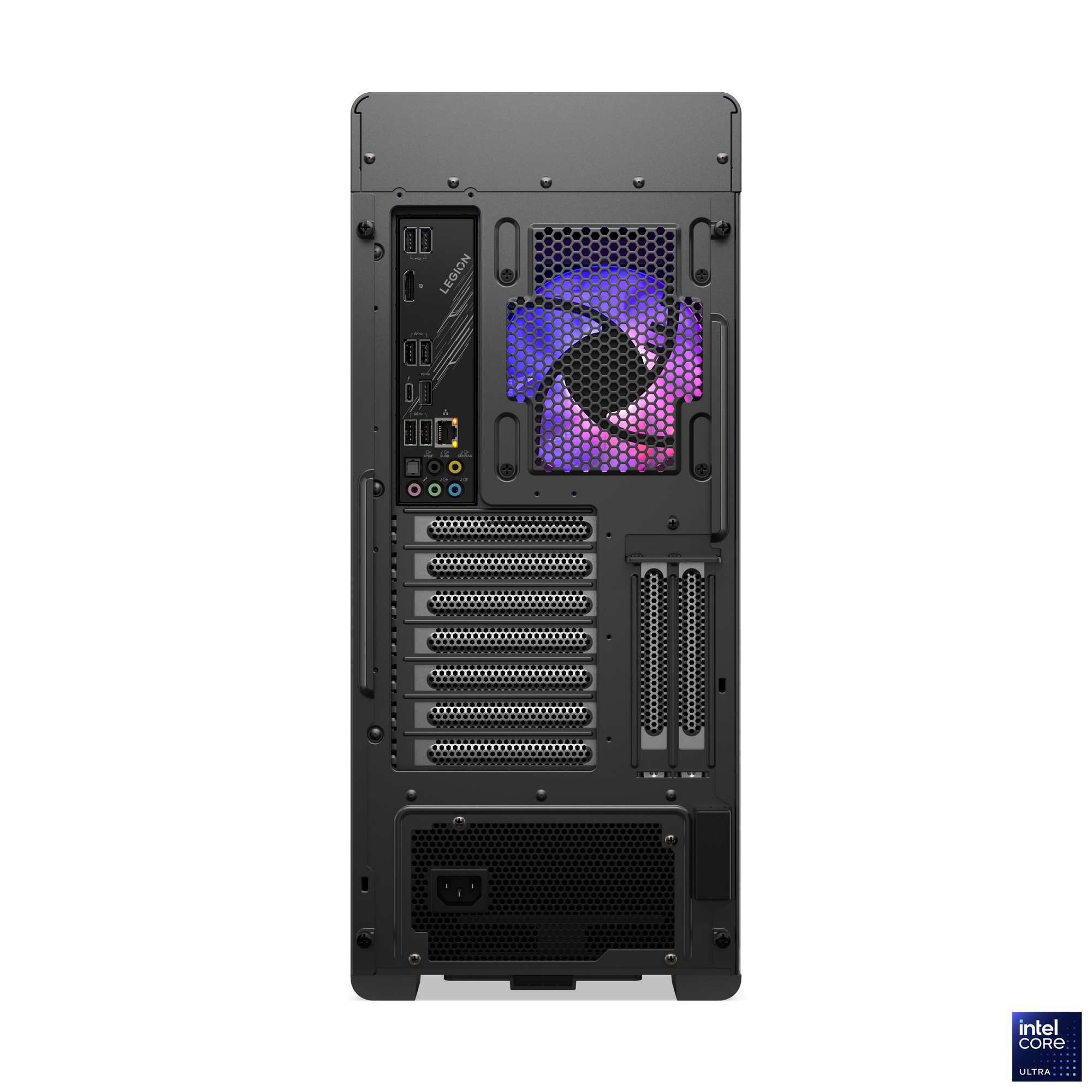 Schwarze PC-Gehäuserückseite. Enthält Anschlüsse, Lüfter mit blauem/lila Licht und Netzteil. Legion-Branding ist sichtbar.