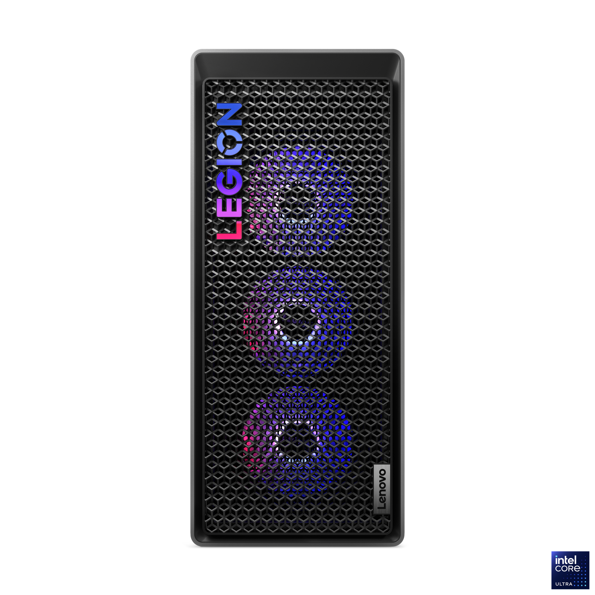 Schwarzer Legion-Desktop-Computer. Die Front hat ein Wabengitter mit bunten Lichtern und Lenovo-Logo. Intel Core Ultra.