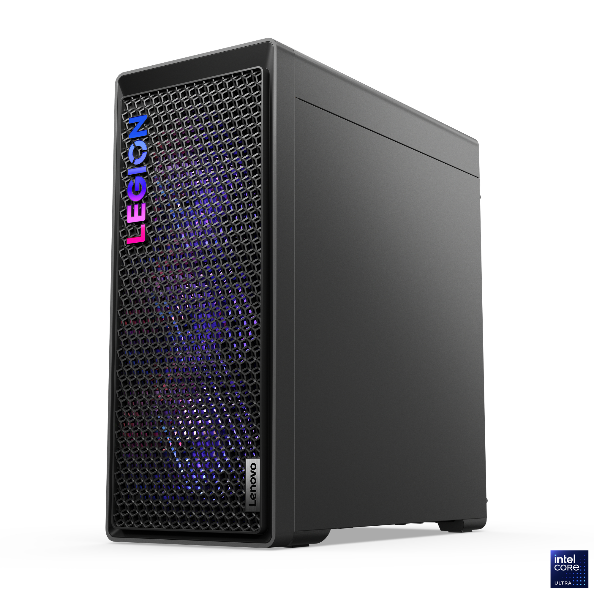 Schwarzer Lenovo Legion Desktop-Computer mit Mesh-Frontplatte und dem Wort LEGION in bunten Buchstaben.