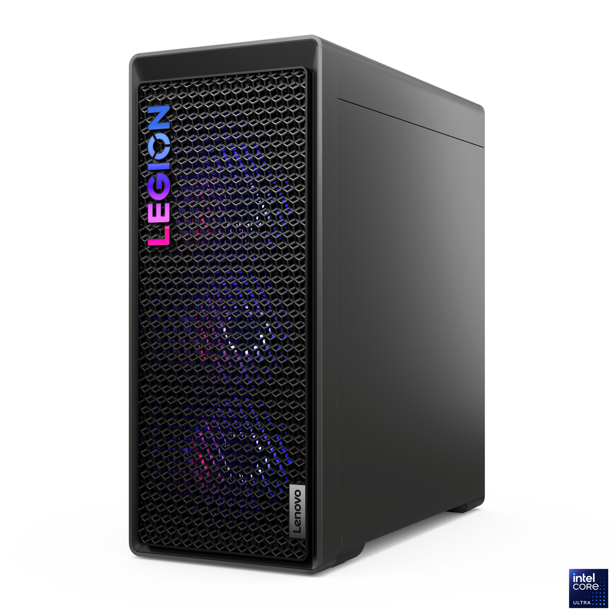 Schwarzer Lenovo Legion Desktop-Computer. Die Vorderseite hat einen Grill mit Legion-Logo. Intel Core Ultra-Abzeichen rechts unten.