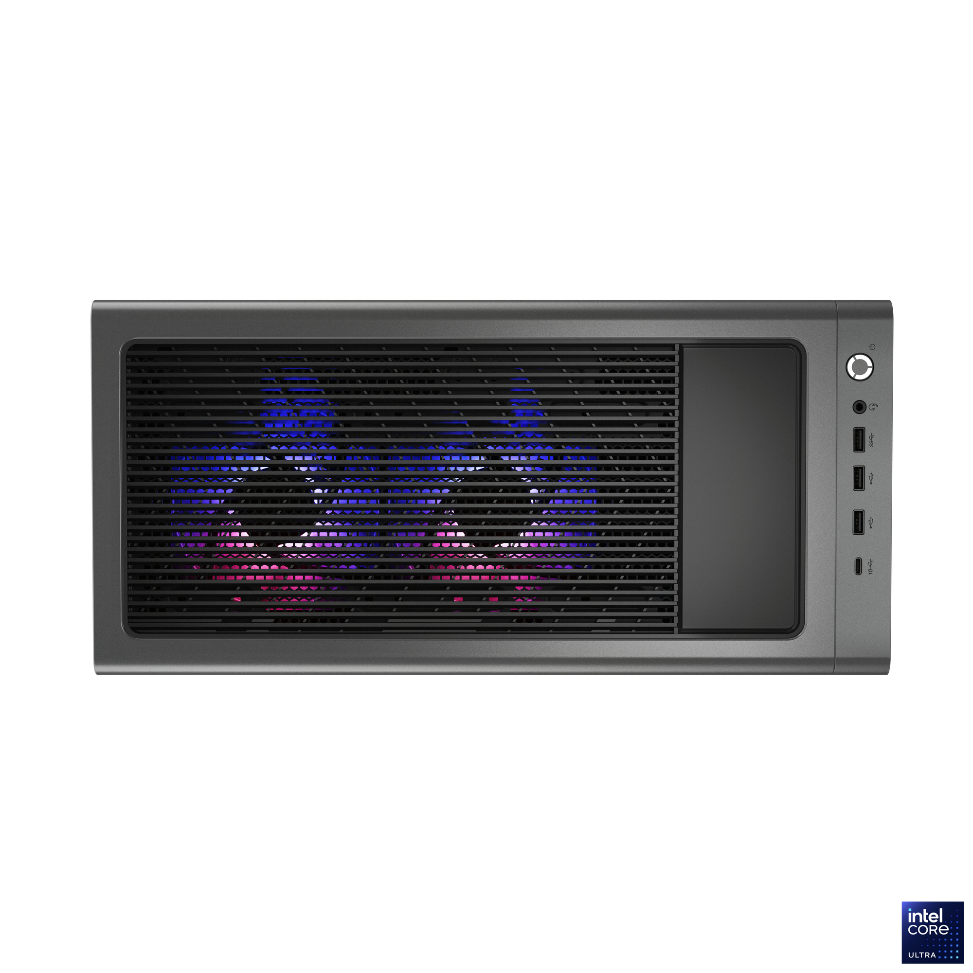 Graues Computergehäuse mit Frontgrill, der blaue und rosa Lichter zeigt. Die rechte Seite hat Anschlüsse und Tasten. Intel Core Ultra Logo.