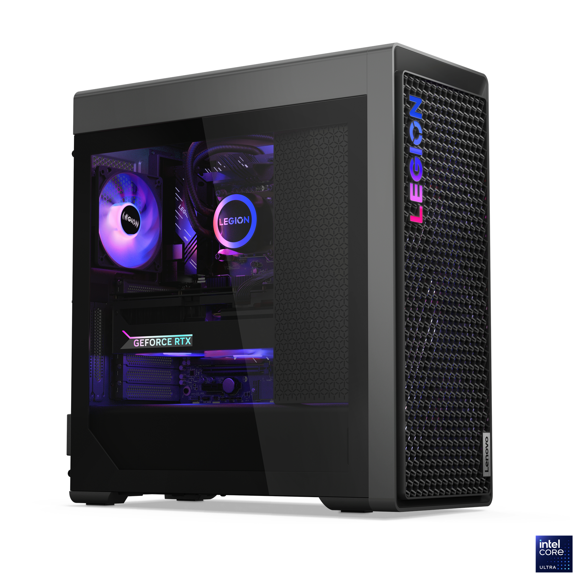 Ein schwarzes und graues Lenovo Legion PC-Gehäuse mit Glasseitenwand, die interne Komponenten mit lila Licht zeigt.