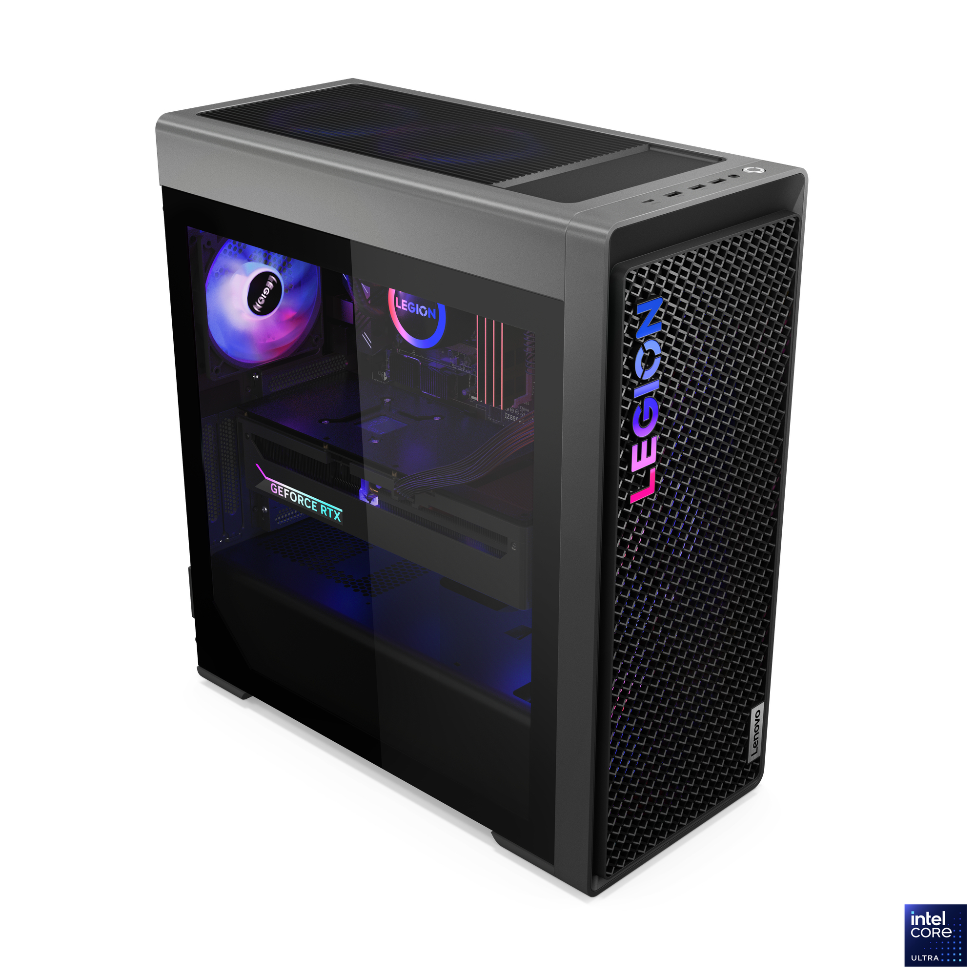 Ein Lenovo Legion PC-Gehäuse mit Glasseitenwand. Es hat eine Mesh-Front und Legion-Branding, beleuchtet mit RGB.