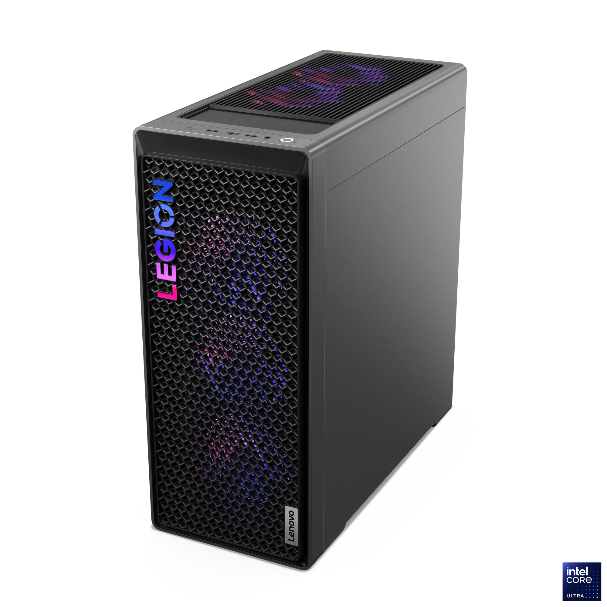 Schwarzer Lenovo Legion Desktop-Computer. Er hat eine Mesh-Frontplatte, das Legion-Logo und eine obere Lüftungsöffnung. Das Intel Core Ultra Logo ist sichtbar.