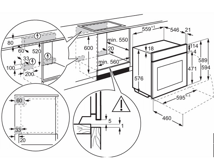 Schemat piekarnika do zabudowy z wymiarami w milimetrach. Szczegóły obejmują przestrzeń instalacyjną i połączenia elektryczne.