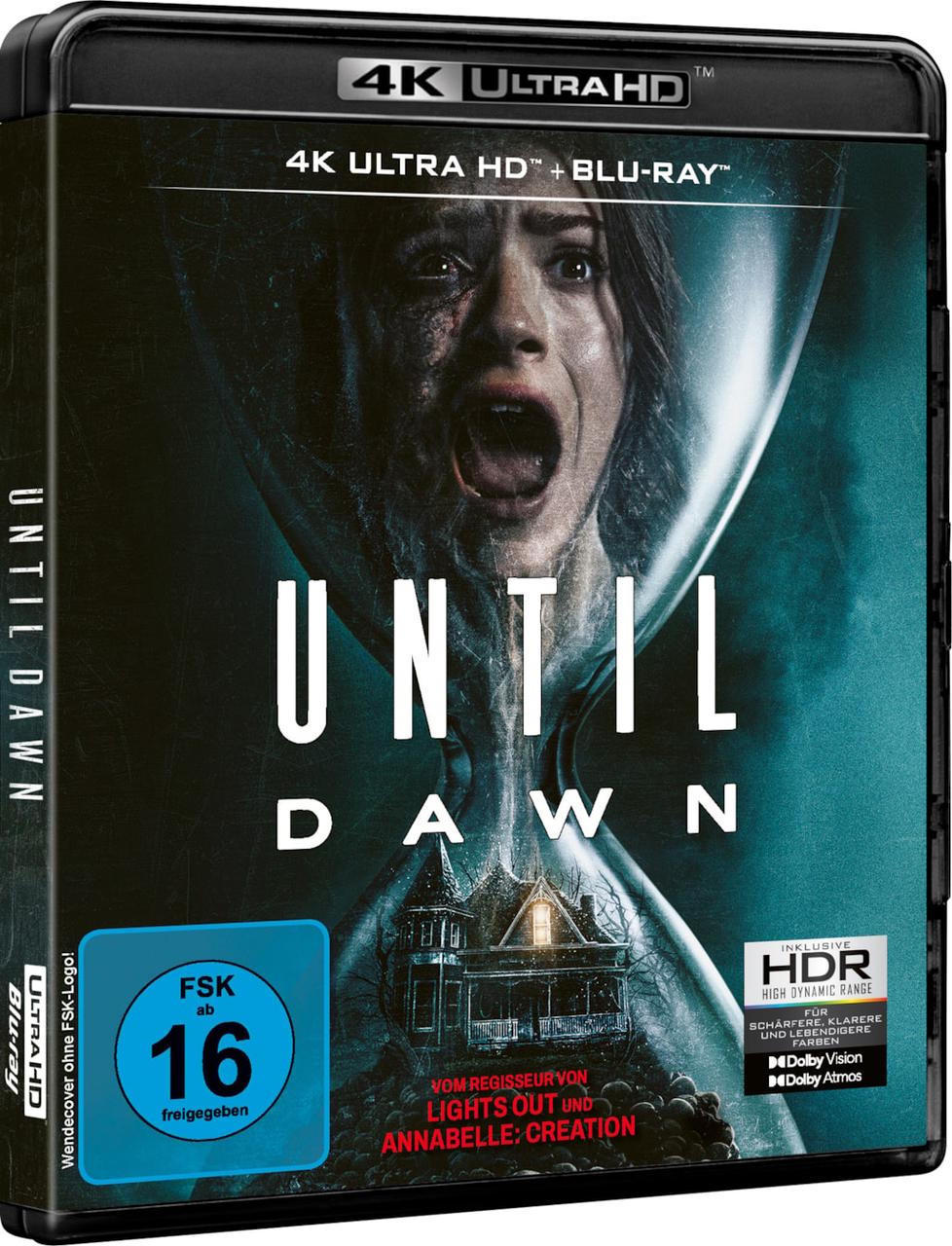 Filmcove von "Until Dawn". Eine Frau schreit. Der Titel ist in einer Sanduhr. Ein Haus ist in der Mitte. Die Bewertung ist 16.