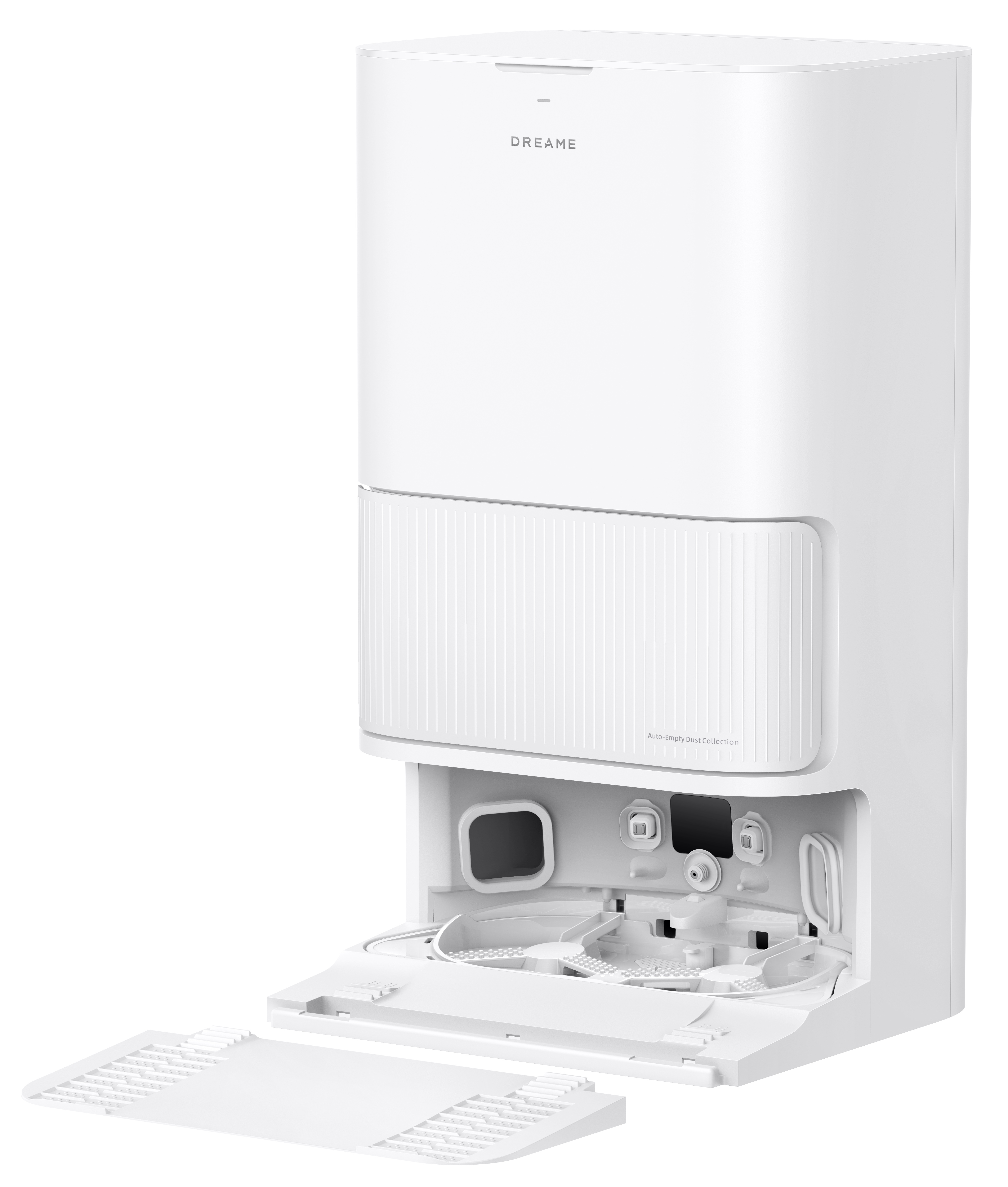 Biała jednostka automatycznego opróżniania pojemnika na kurz Dreame. Przedni panel jest otwarty, odsłaniając elementy wewnętrzne i wyjmowaną tacę.