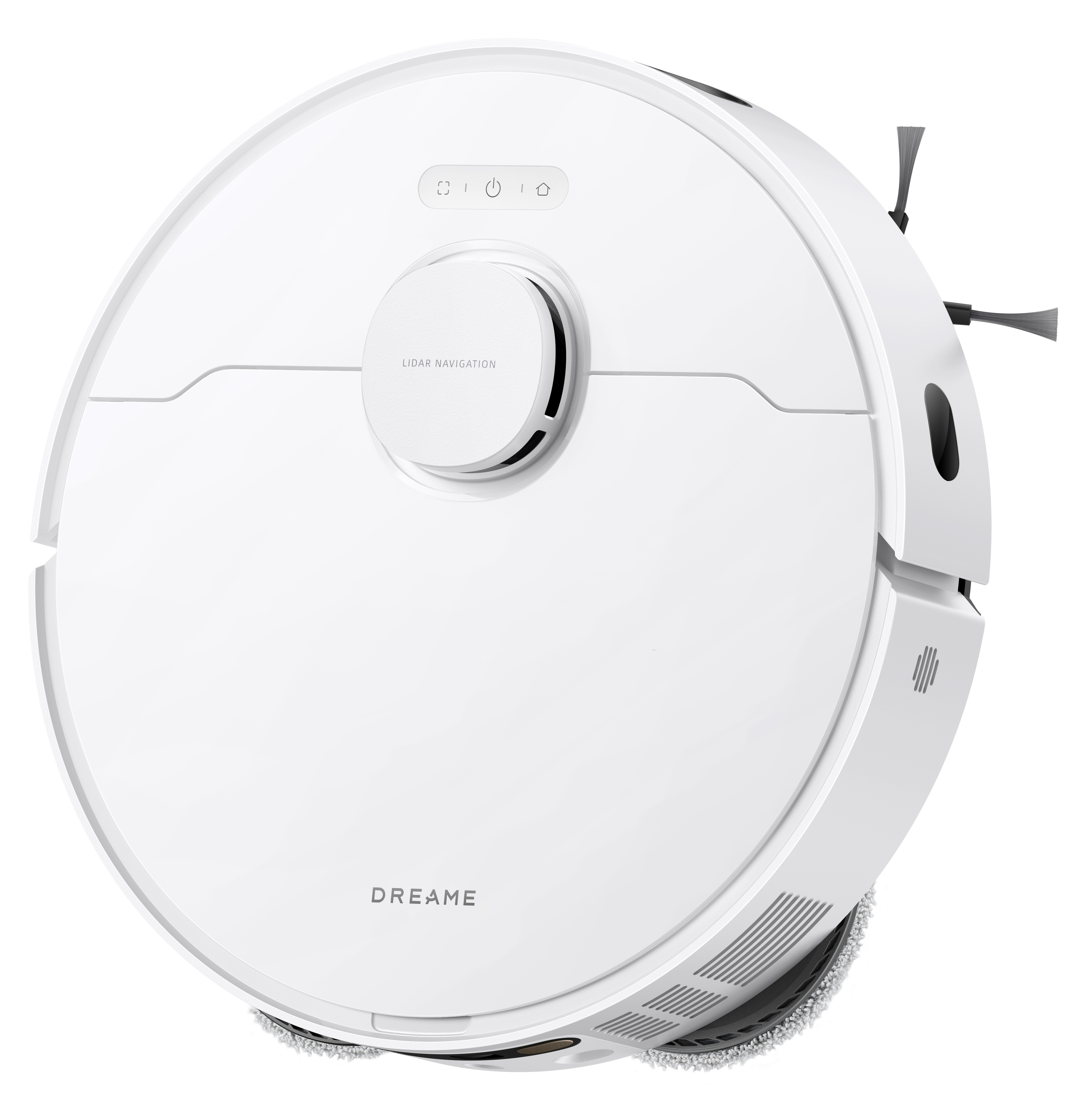 Biały odkurzacz robot Dreame. Ma okrągły kształt z systemem nawigacji LiDAR i przyciskami sterowania.
