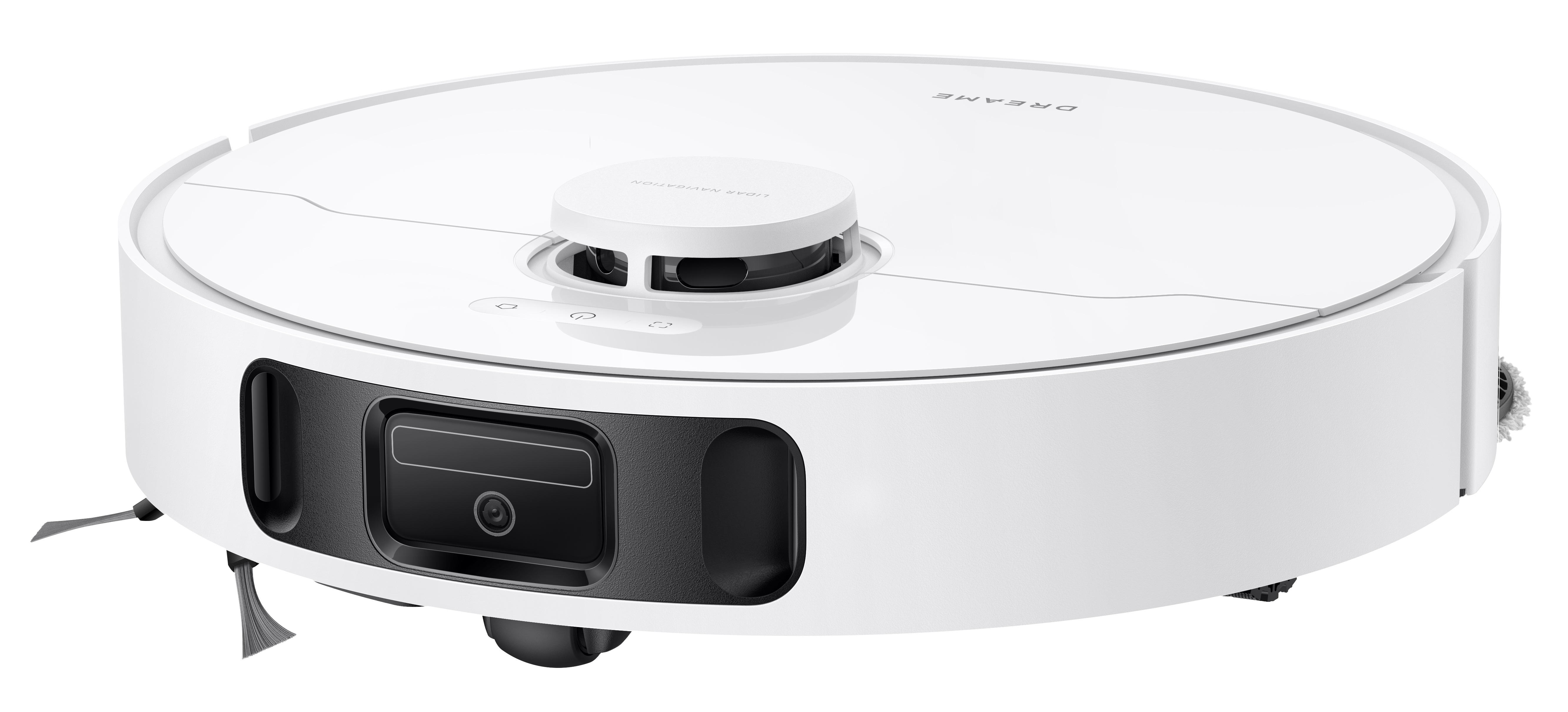 Biało-czarny robot odkurzający. Ma okrągły kształt z czujnikiem LiDAR na górze. Widoczne szczotki i kamera.