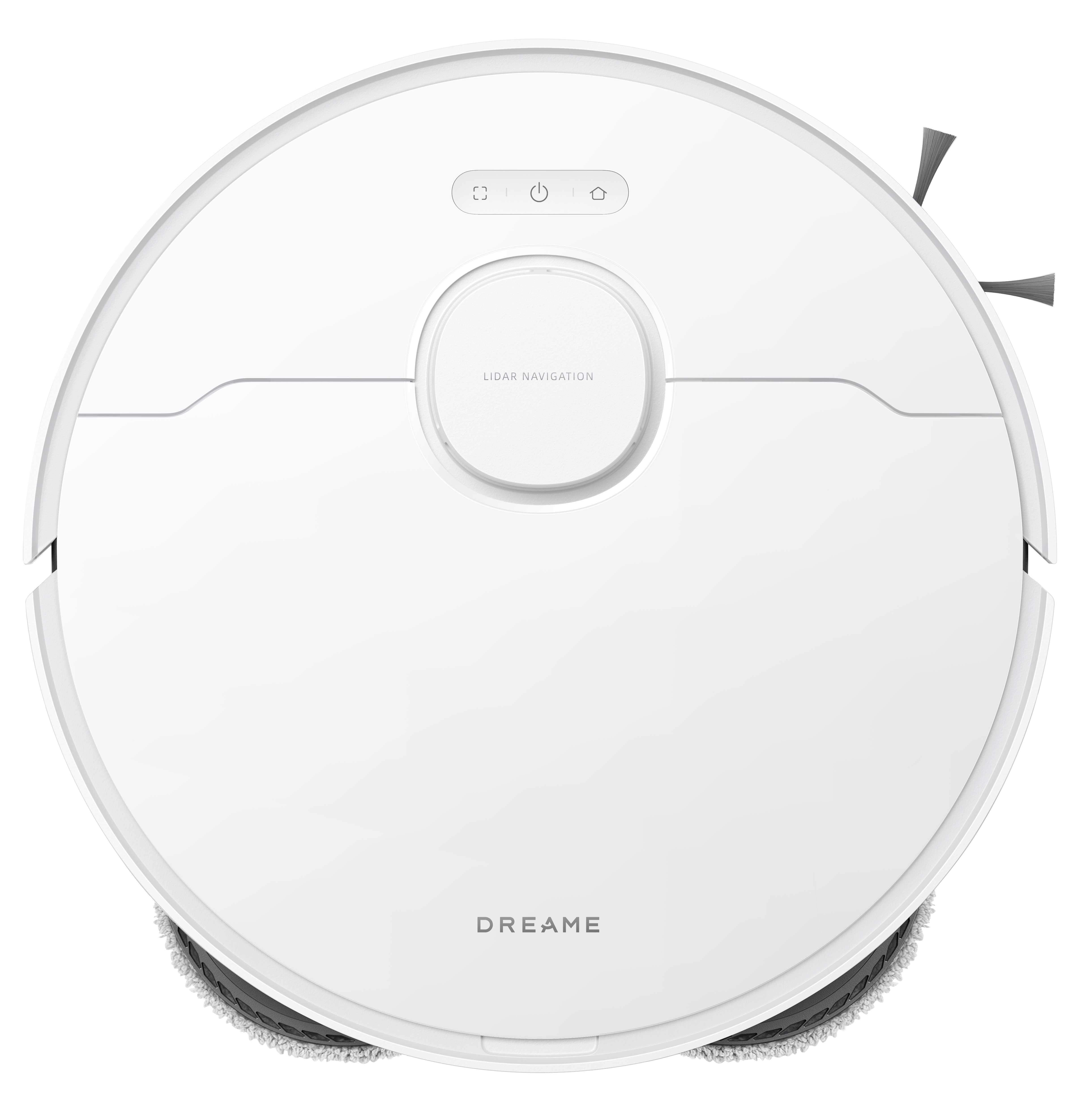 Biały odkurzacz automatyczny z szczotkami, przyciskami i napisem DREAME. Ma okrągły kształt.