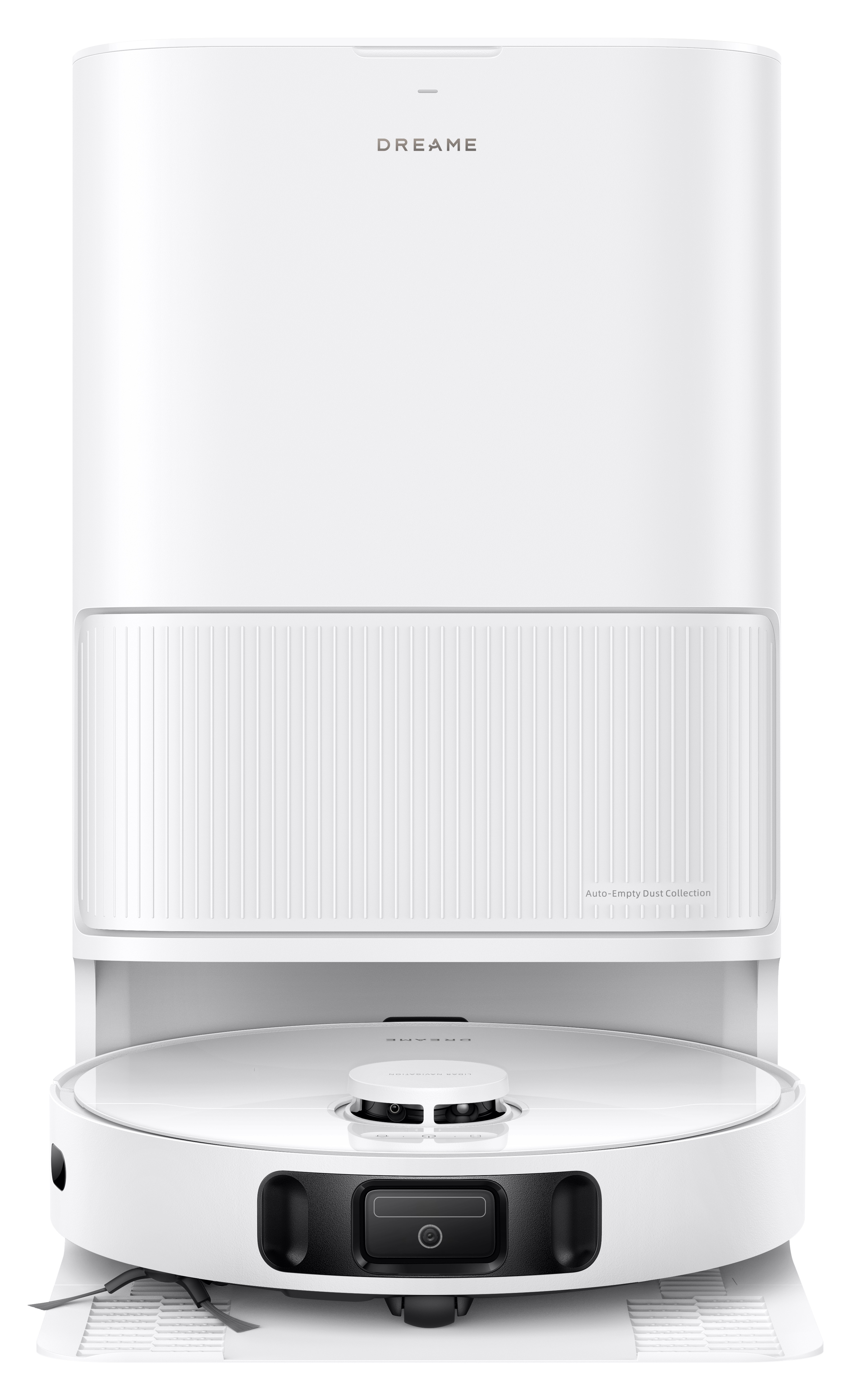 Biały odkurzacz robot z stacją dokującą. Odkurzacz ma okrągłą podstawę. Na górze napis 'DREAME'.