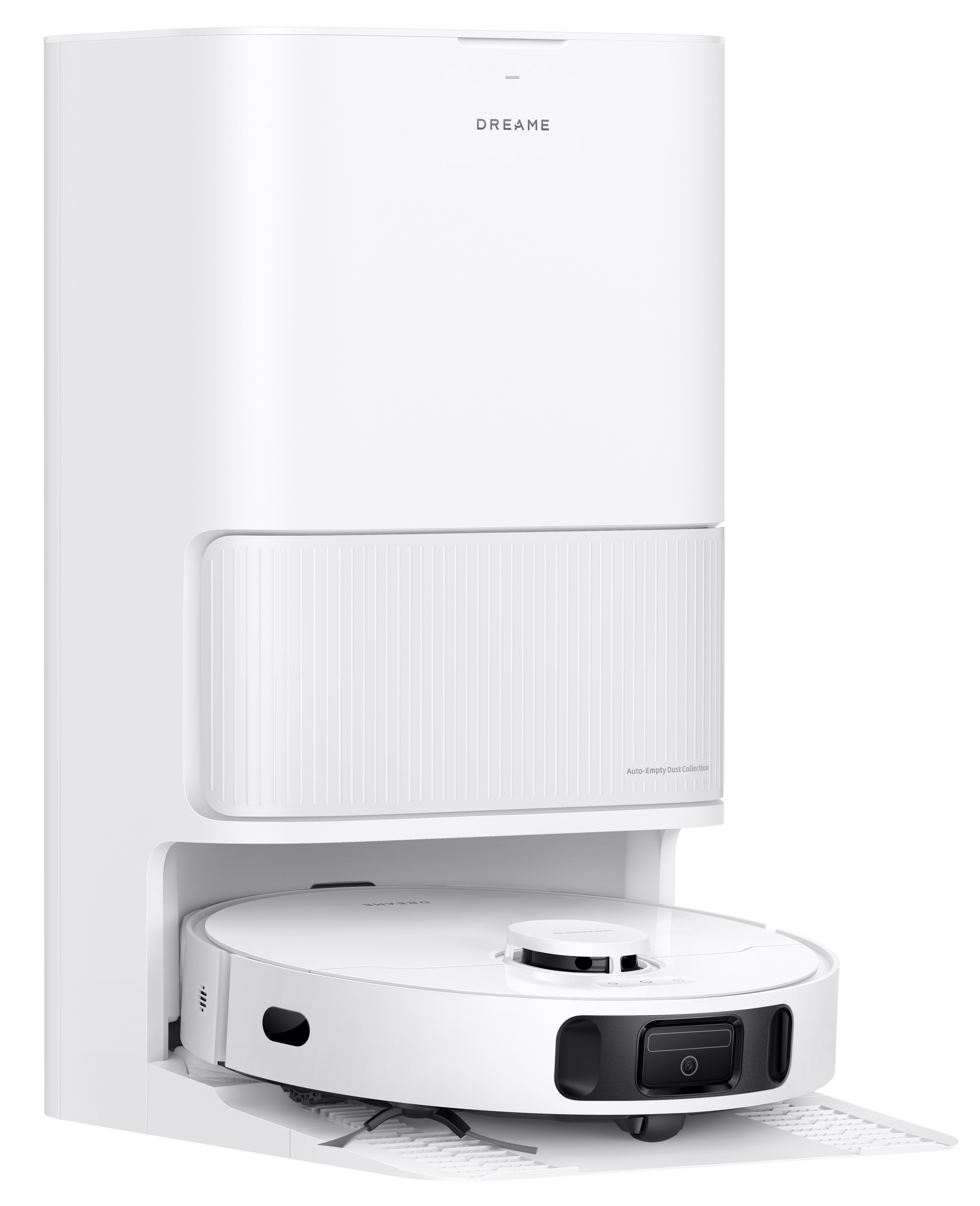 Biały odkurzacz robot Dreame z automatyczną stacją opróżniania. Odkurzacz jest zadokowany w stacji.