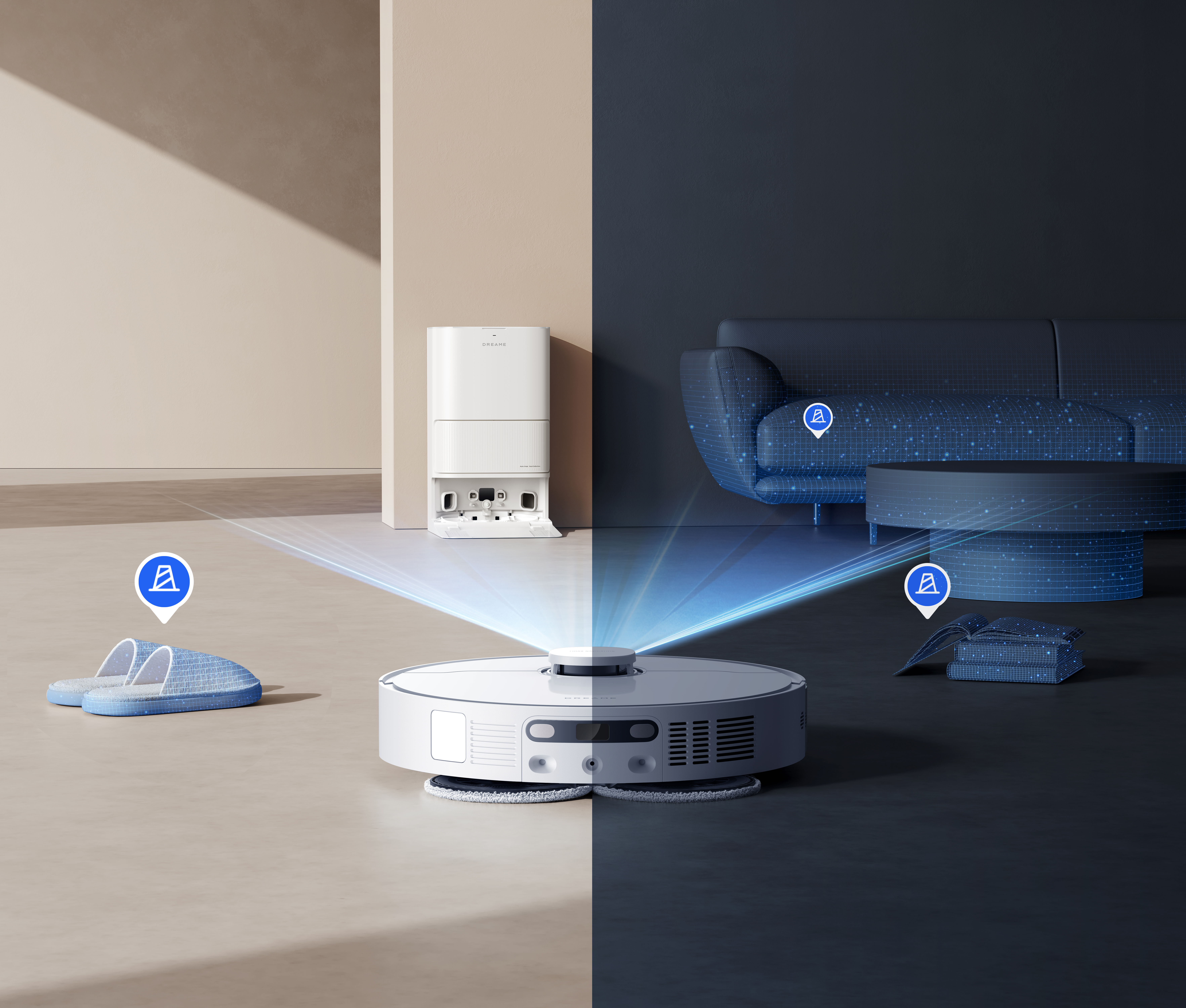 Robot sprzątający z stacją dokującą, kapciami i sofą są podświetlone niebieskimi liniami.