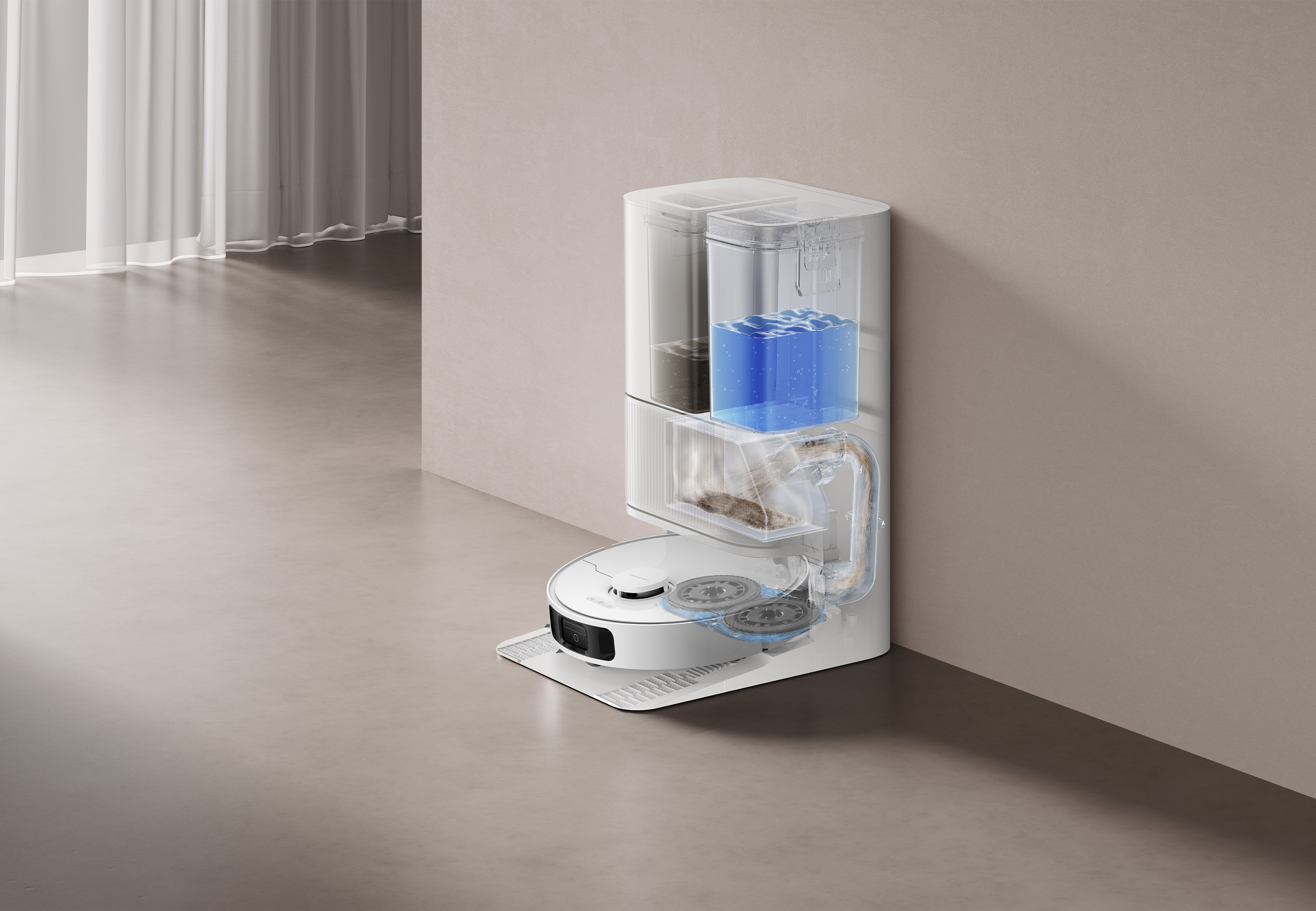 Biały robot odkurzający z przezroczystymi przegródkami pokazującymi wodę i brud, na szarej podłodze.