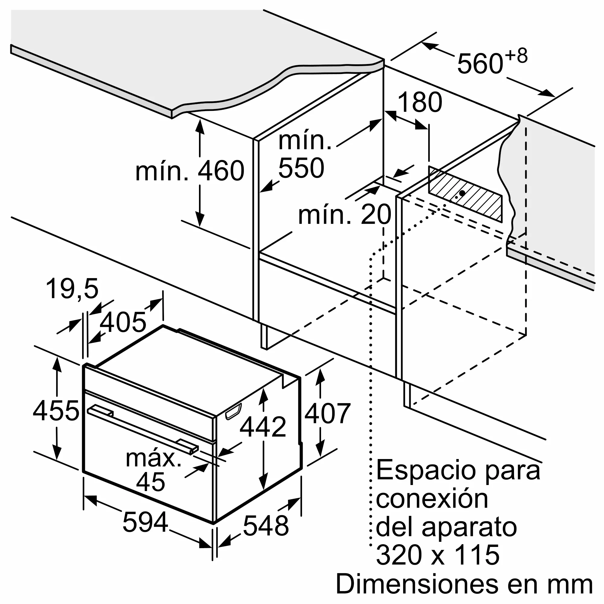 Dibujo técnico de un horno con dimensiones en mm. Incluye etiquetas y medidas para instalación y espacio.